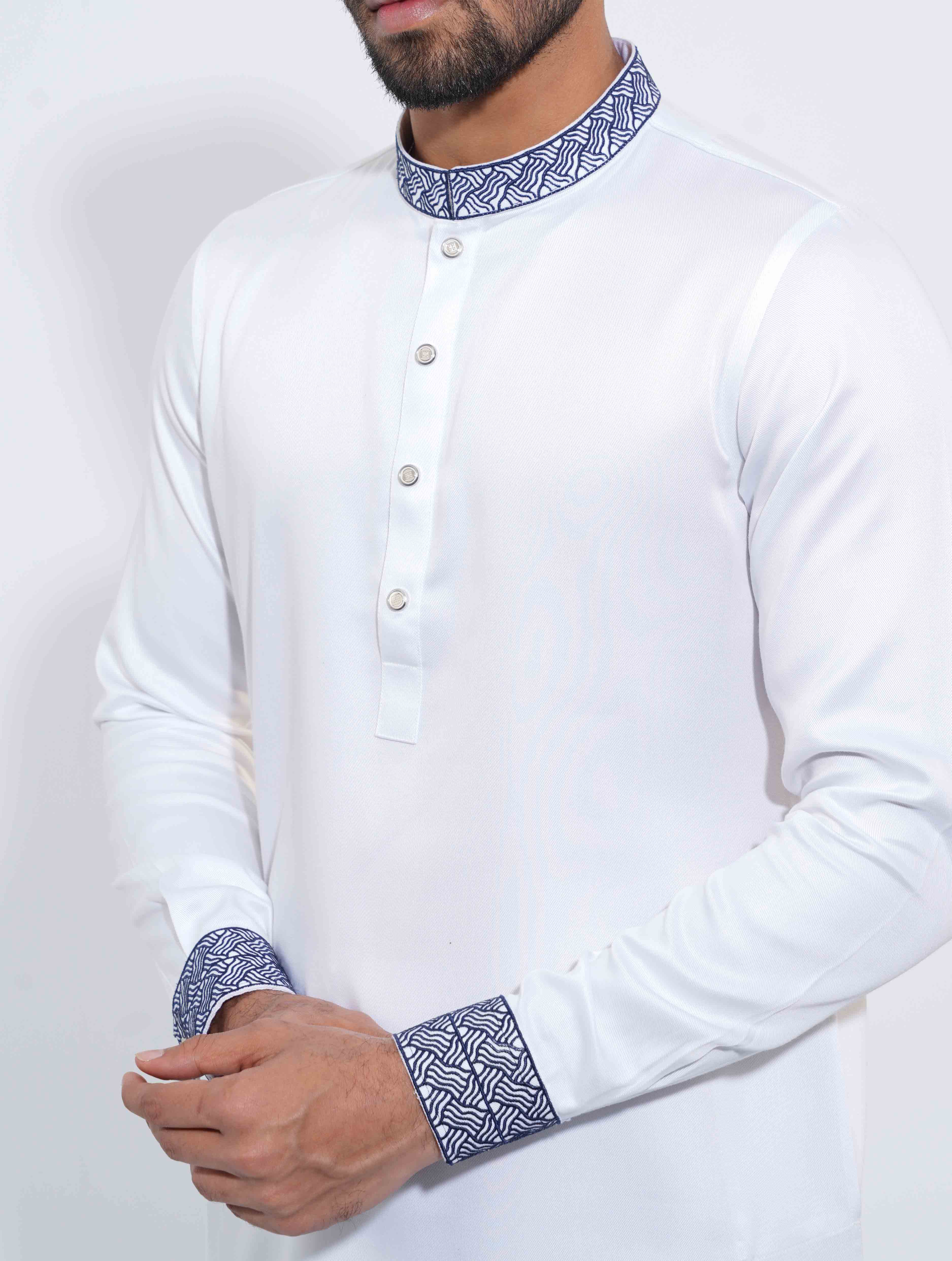 White Color Blue Mirage Signature Embroidery Panjabi