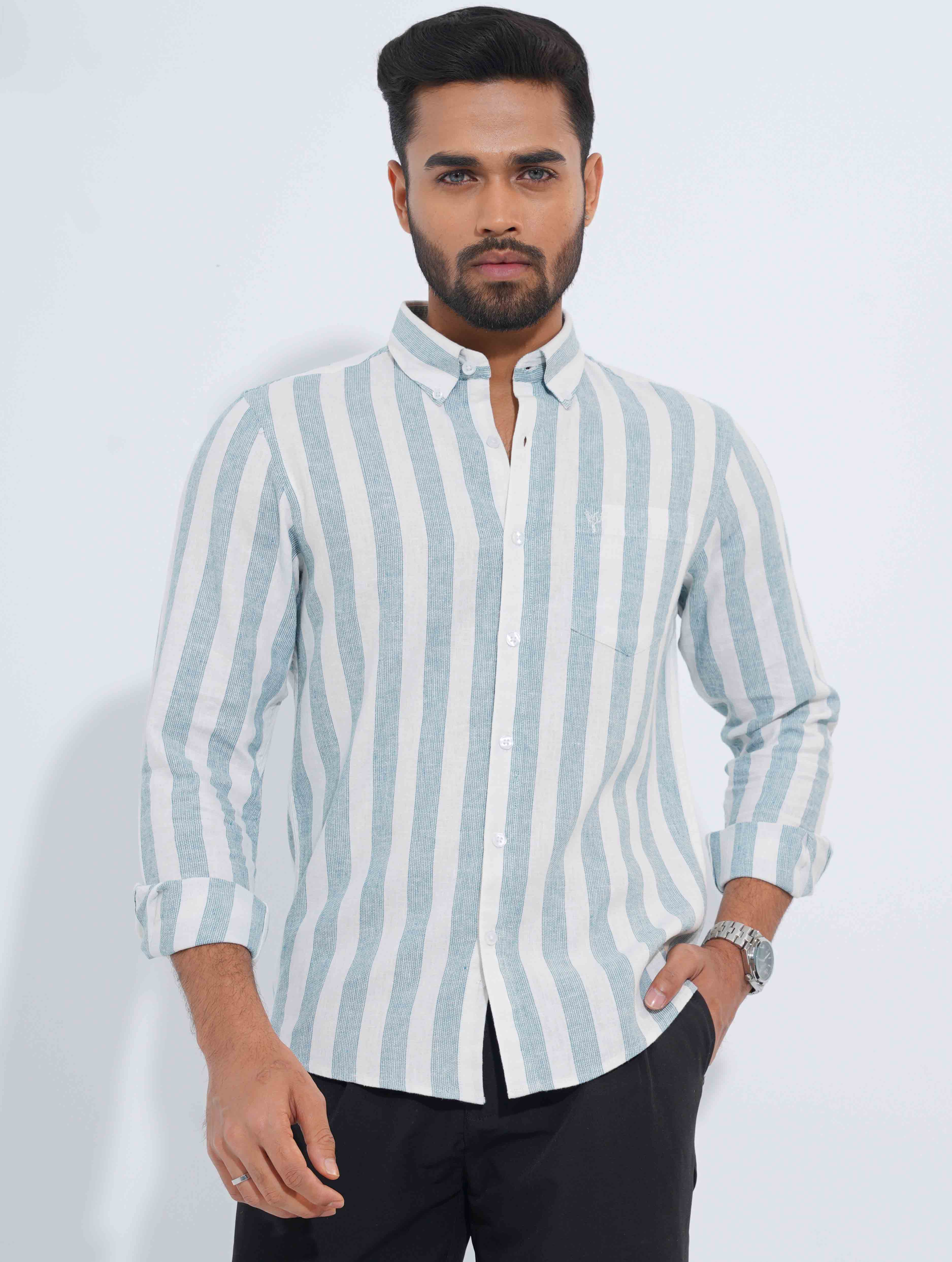 White Faded Sky Stripe Remi Cotton Full Sleeve