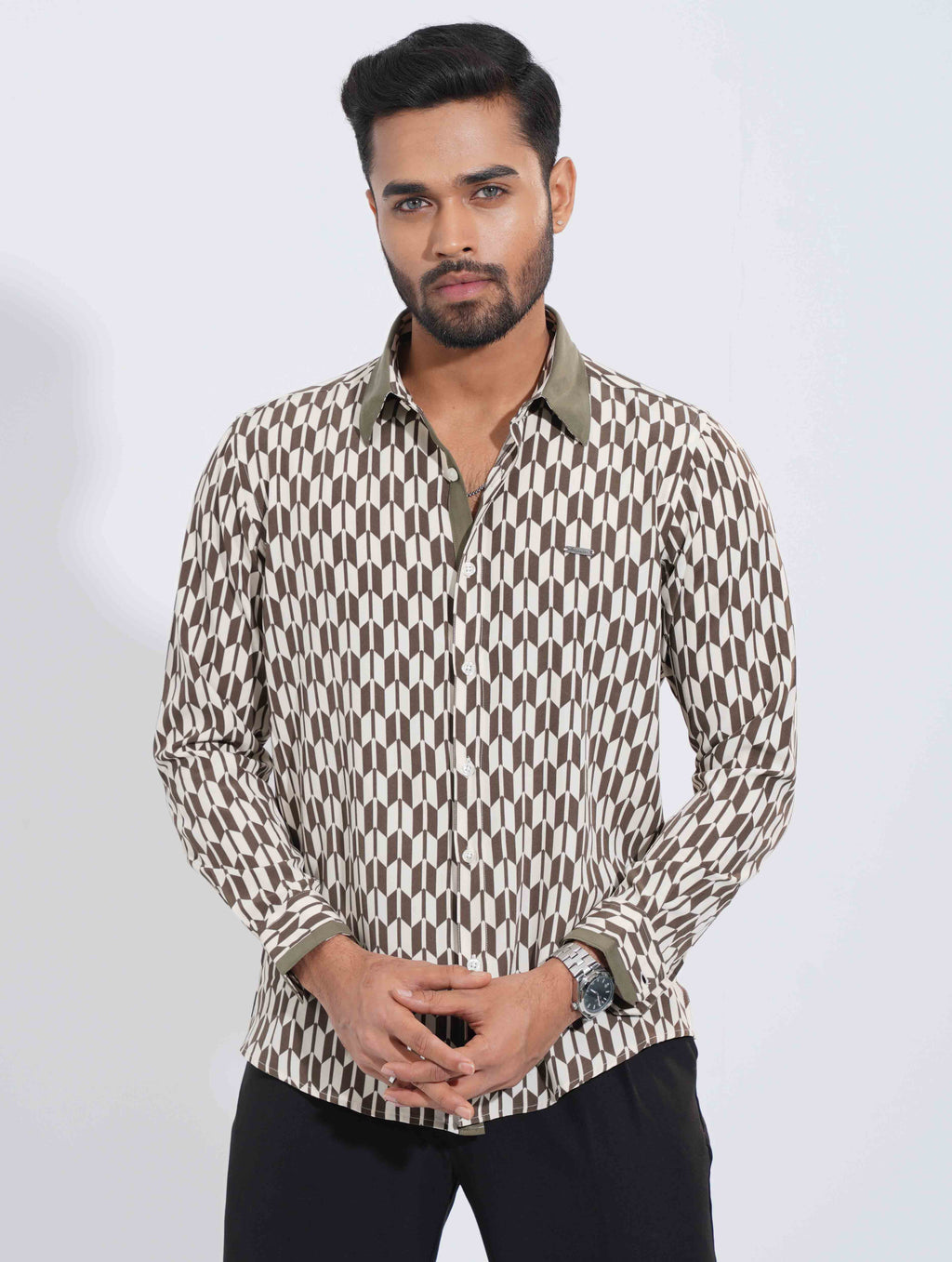 Olive Porcelain Architect Grid Printed Soft Linen Shirt