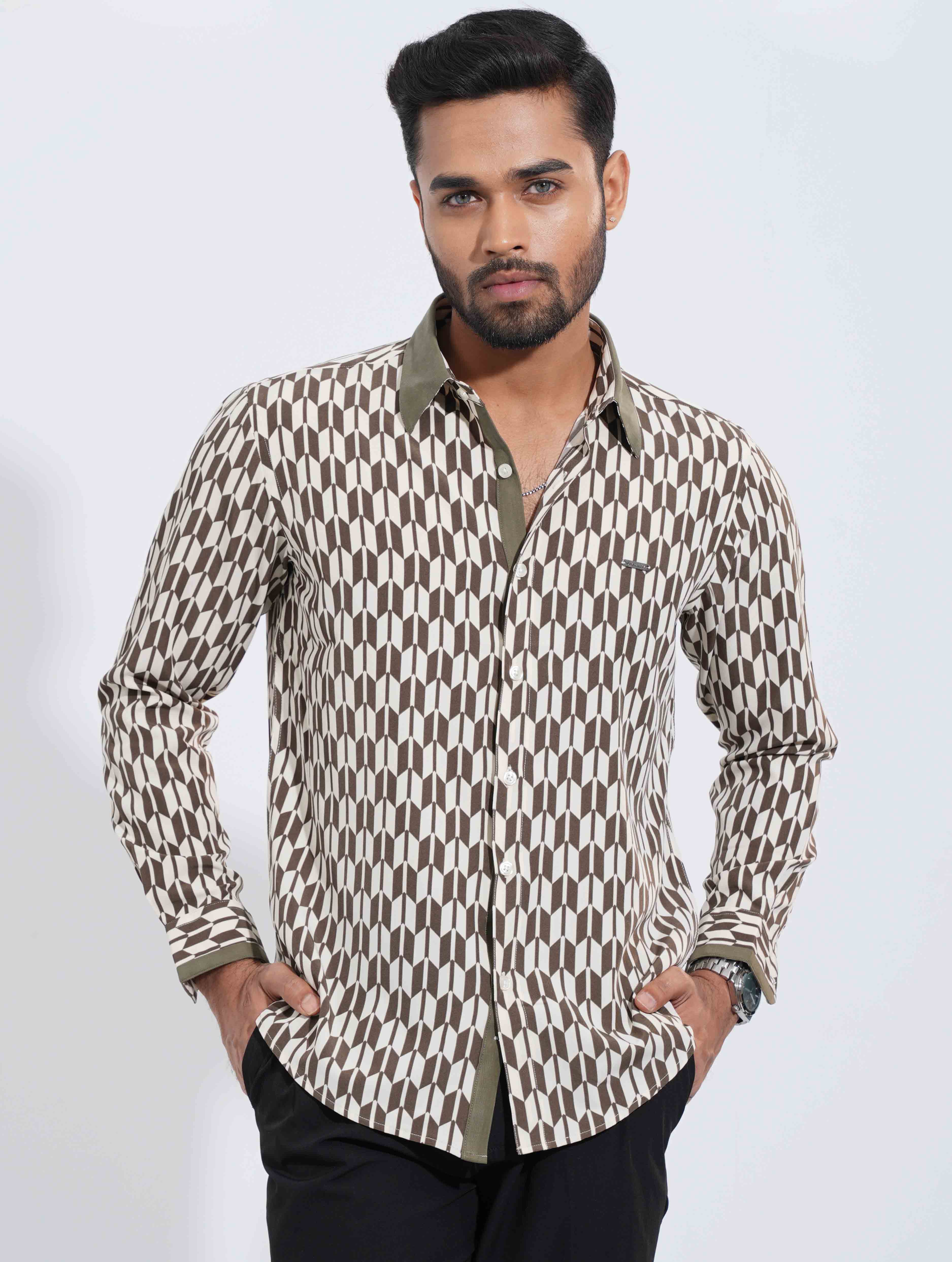 Olive Porcelain Architect Grid Printed Soft Linen Shirt