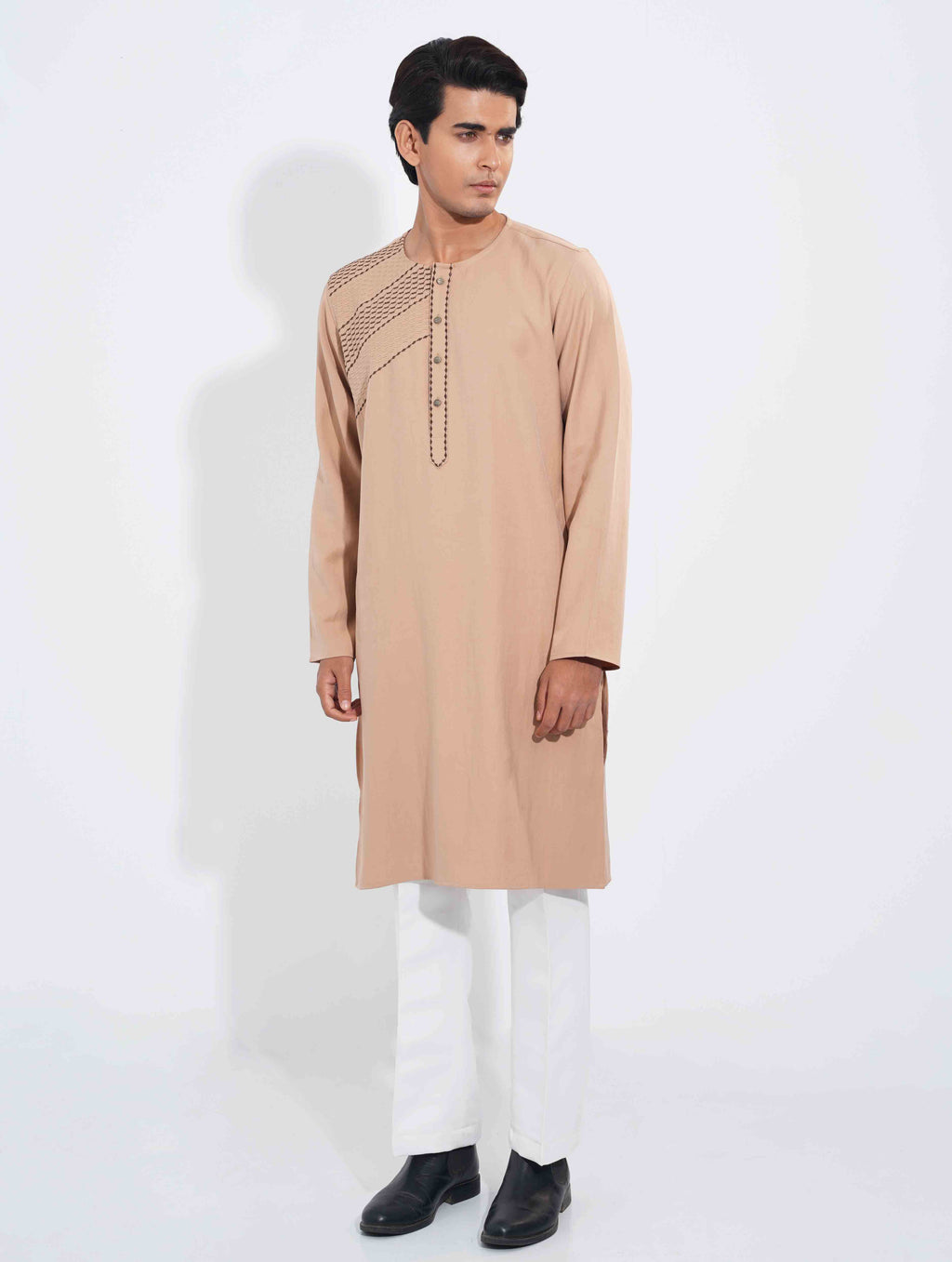 Moccasin color Half EmbroideryDesigner Overlap Collar Panjabi
