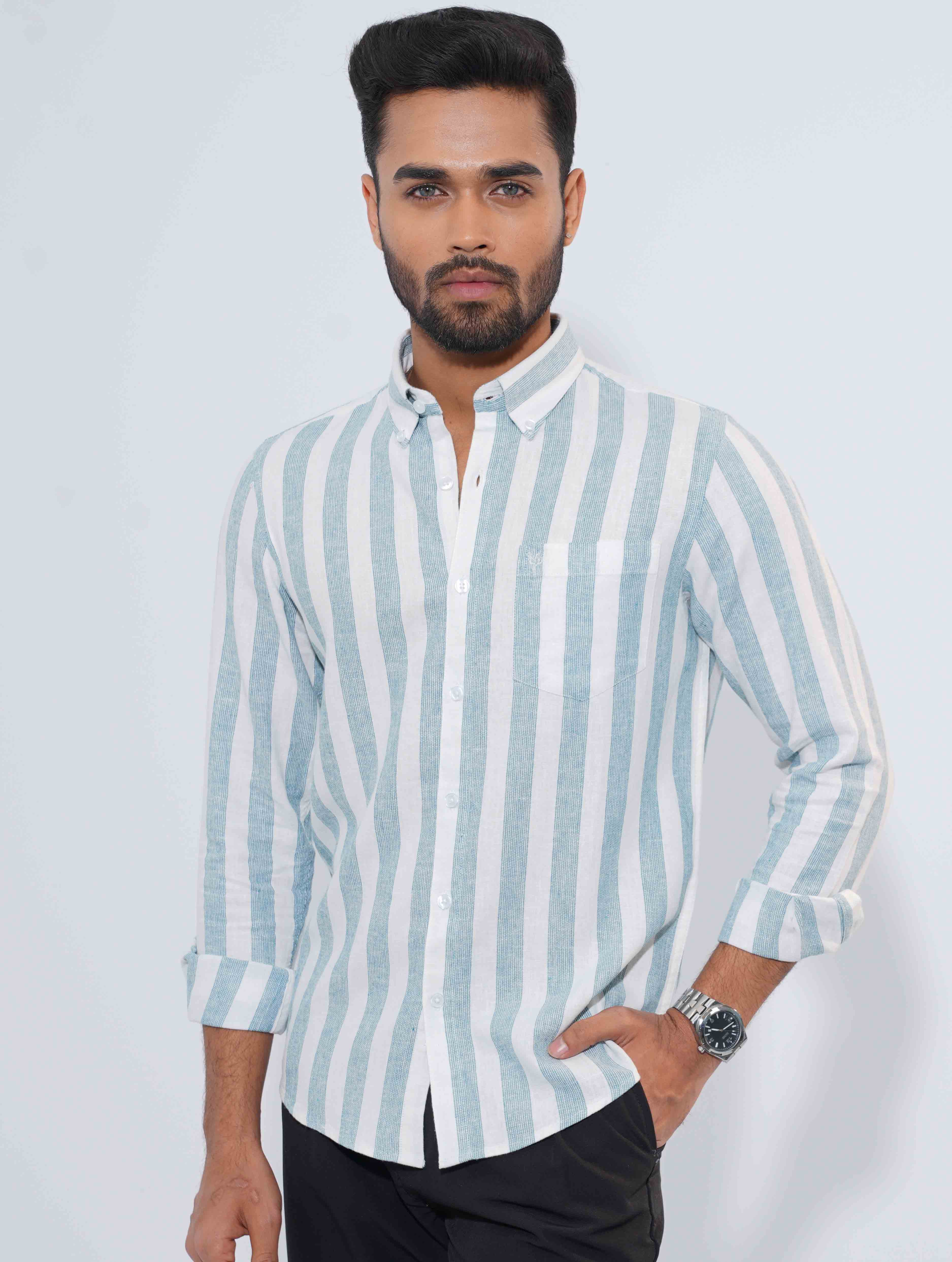 White Faded Sky Stripe Remi Cotton Full Sleeve