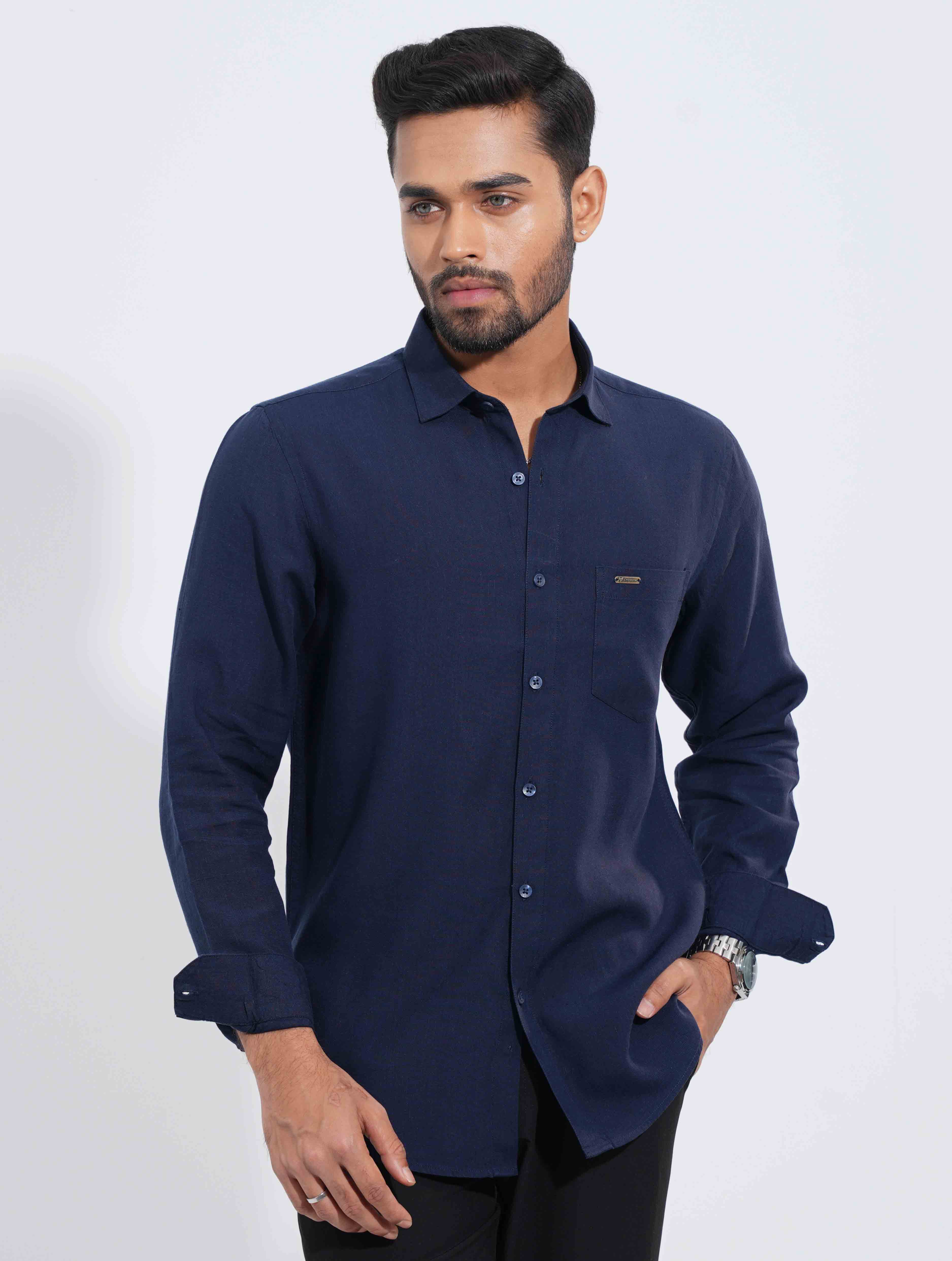 Deep Blue classic point collar remi cotton solid Shirt
