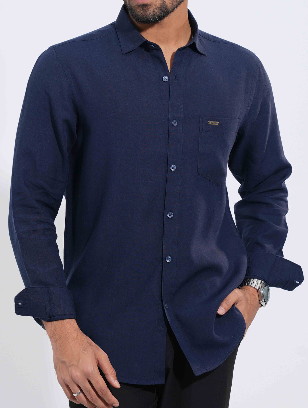 Deep Blue classic point collar remi cotton solid Shirt