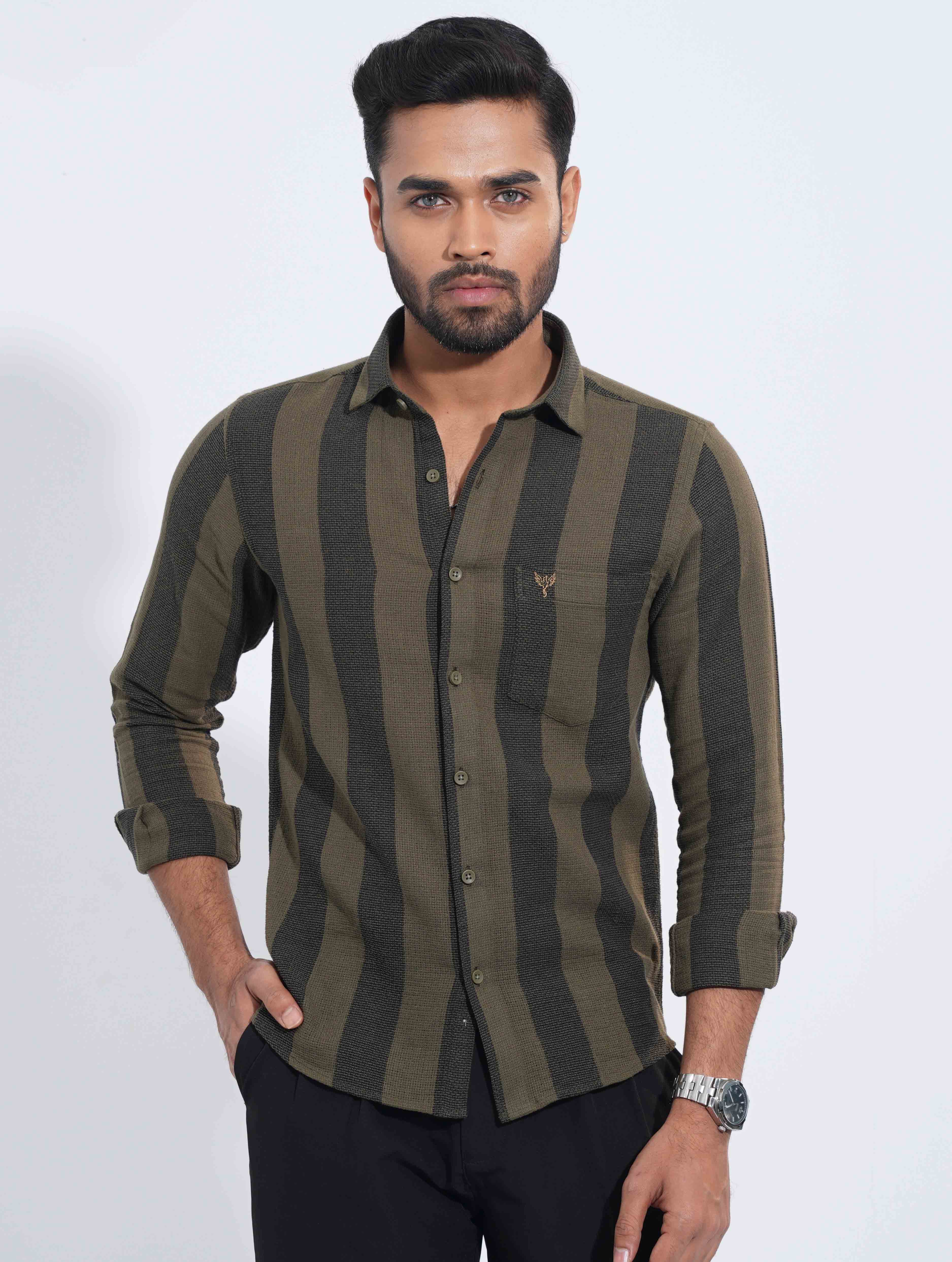 Army Green Black stripe remi cotton full sleeve