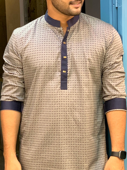 Golden printed- Blue collar contrast panjabi