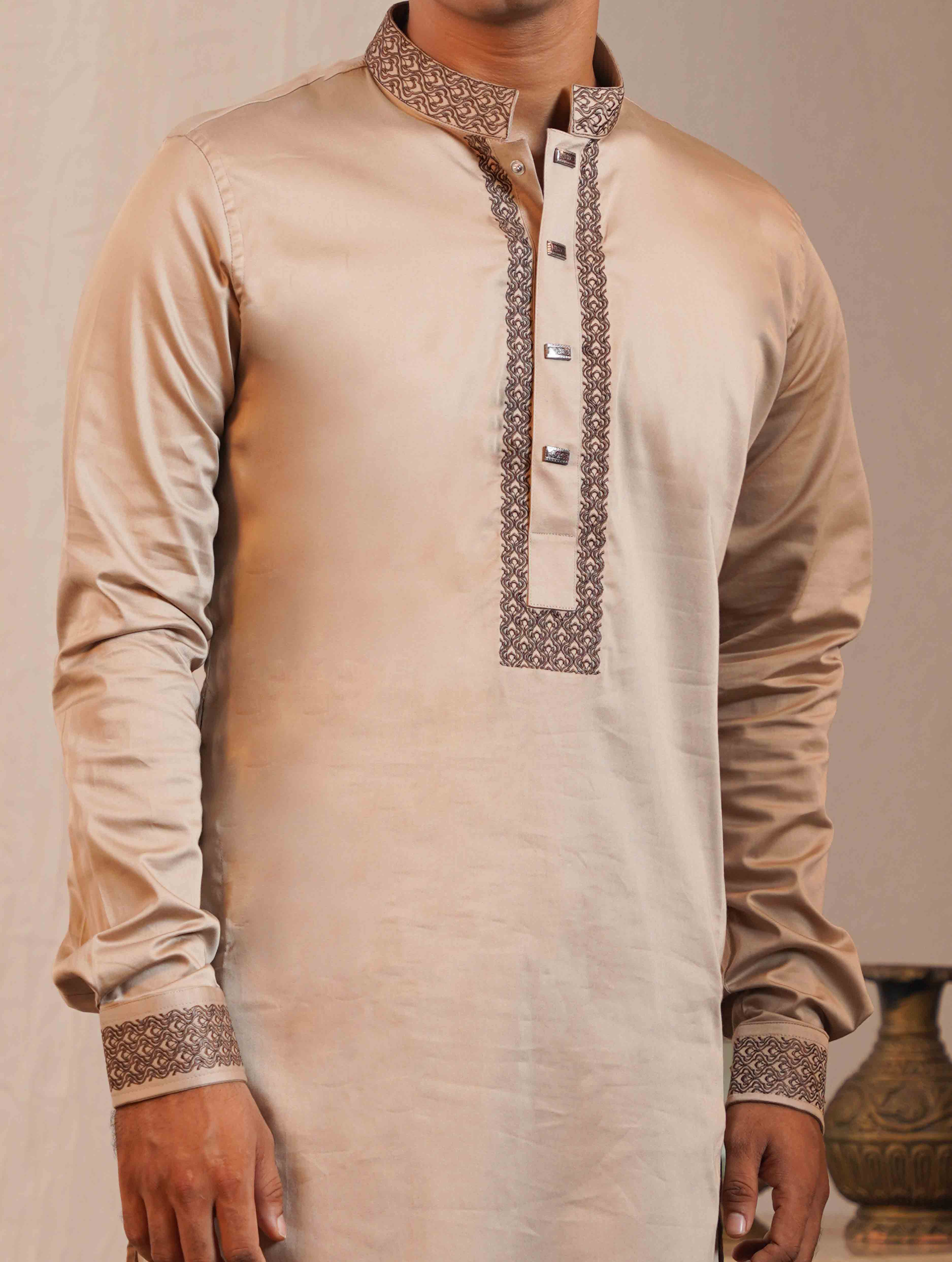 Golden beige black collar cuff Embroidery premium Panjabi