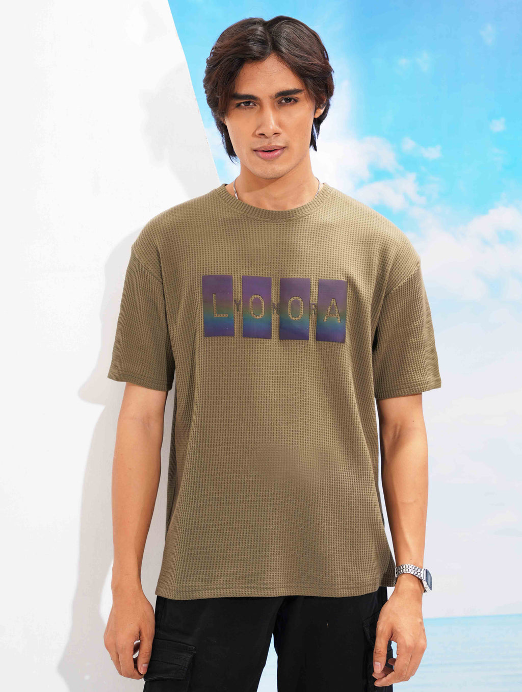 Deep Olive LYONORA Waffle Fabric Semi Drop T-shirt