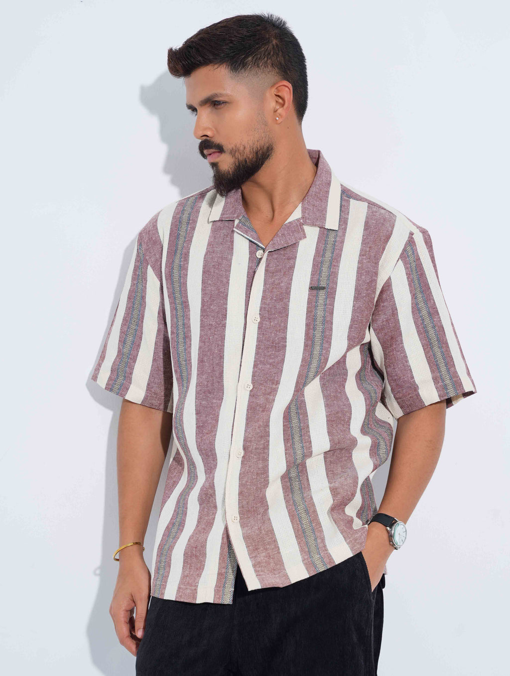 Cream Faded Red Stripe Drop-Shoulder Half Shirt
