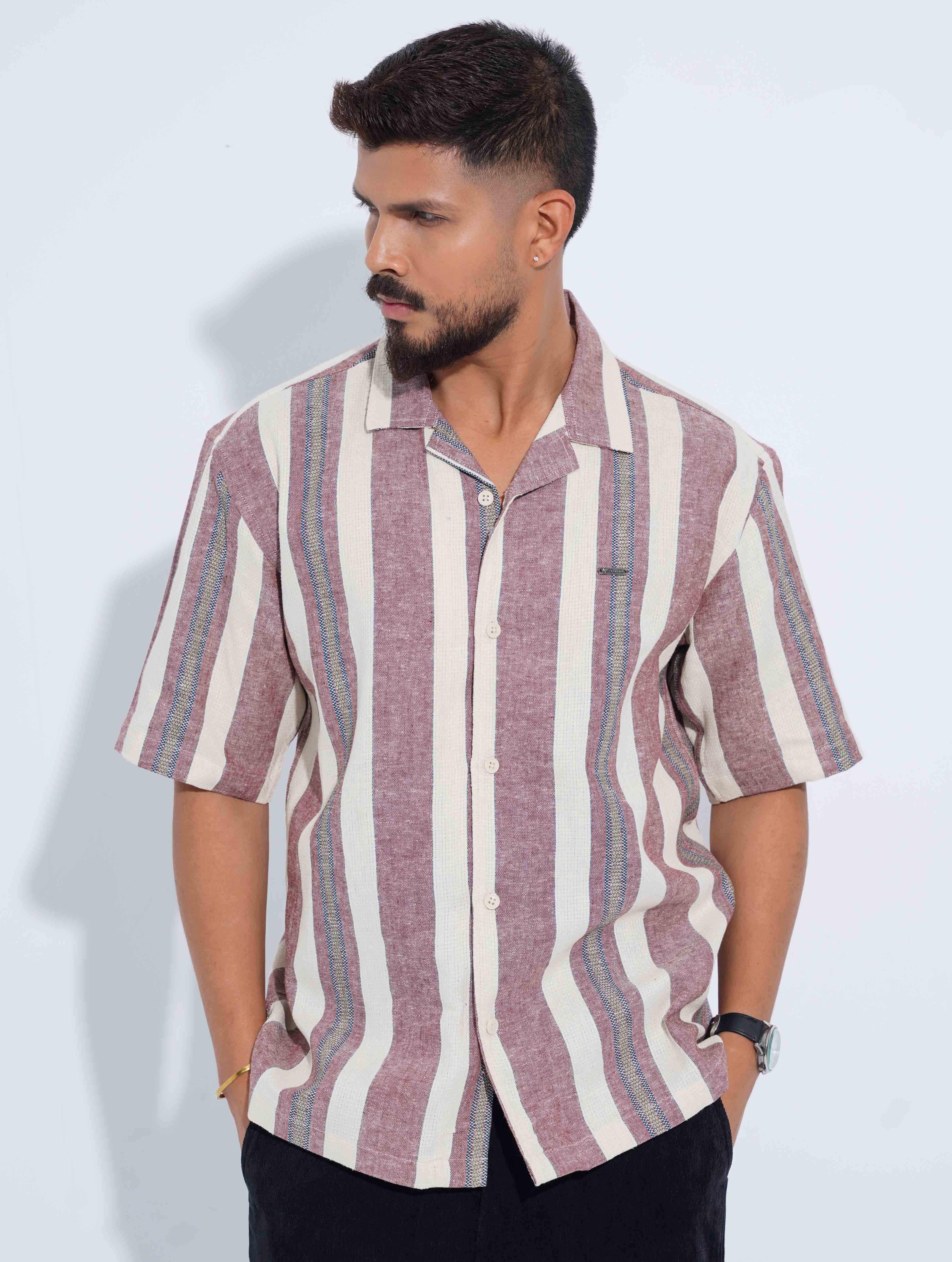 Cream Faded Red Stripe Drop-Shoulder Half Shirt