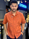 Burnt Orange Tree Printed Drop-Shoulder Half Shirt