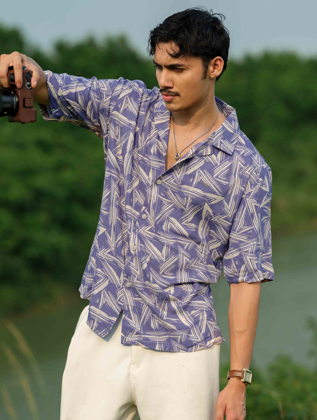 Pale blue-Cream Transverse printed havana shirt