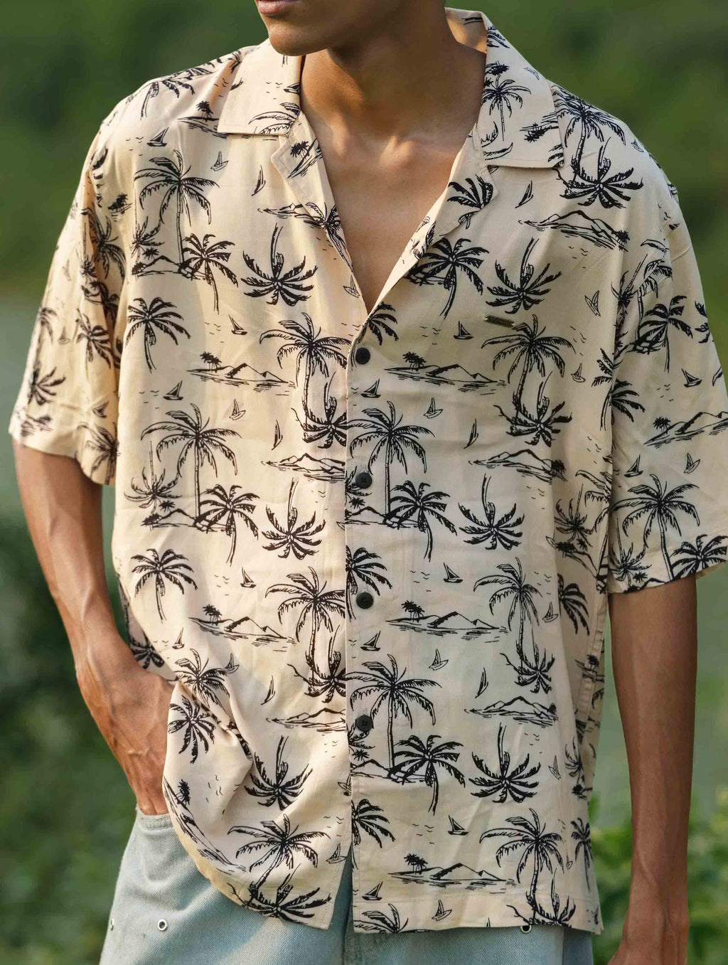 Beige Black Palm tree printed havana shirt
