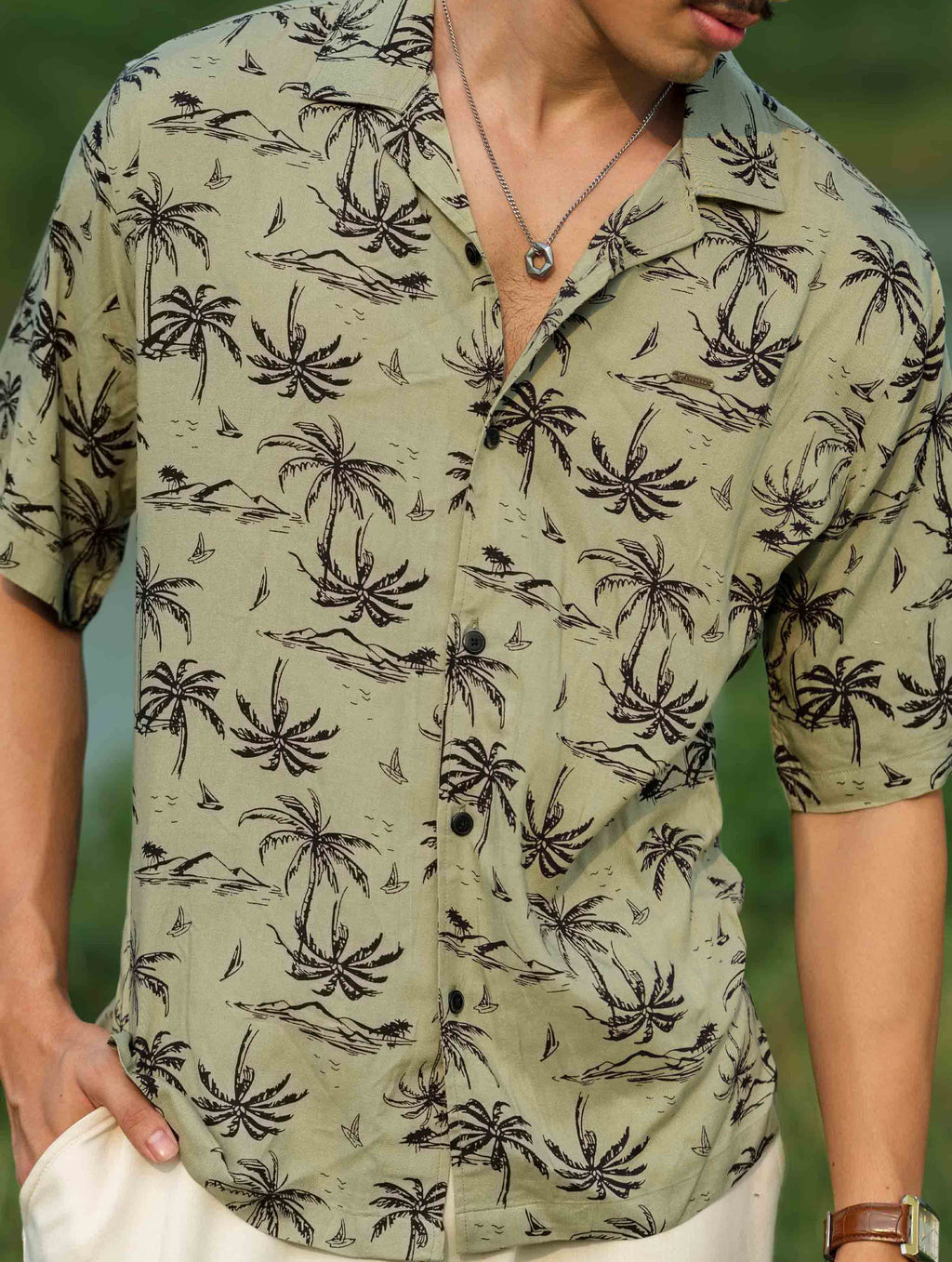 Olive-Black Palm tree printed havana shirt