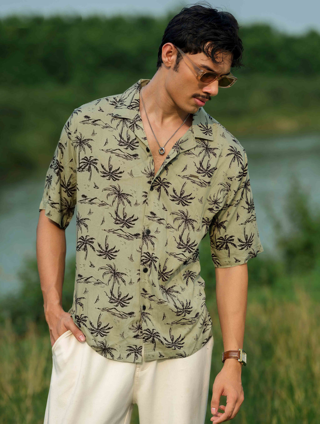 Olive-Black Palm tree printed havana shirt