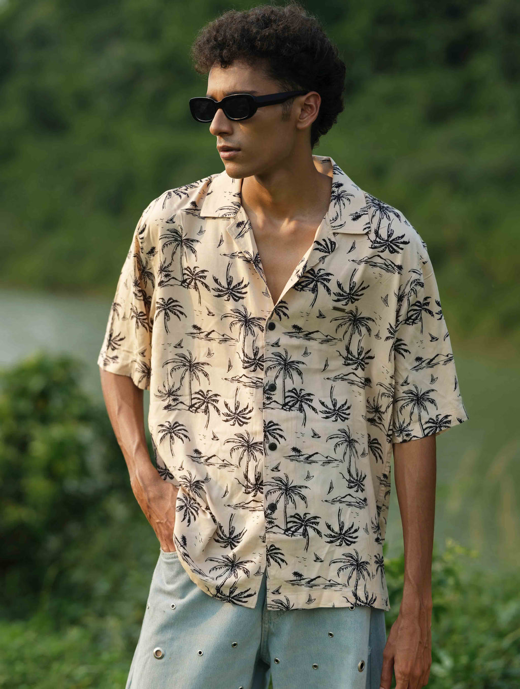 Beige Black Palm tree printed havana shirt