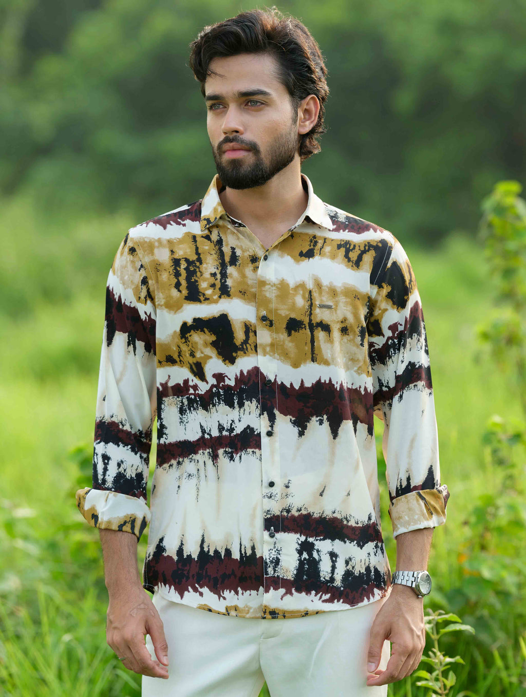 Yellow and marron royal silk full sleeve shirt
