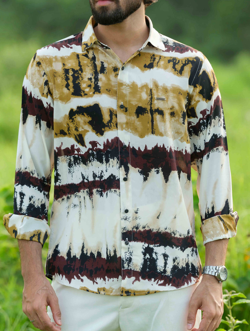 Yellow and marron royal silk full sleeve shirt