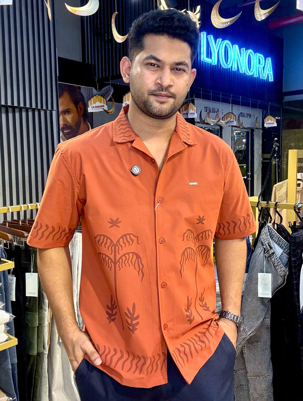 Burnt Orange Tree Printed Drop-Shoulder Half Shirt