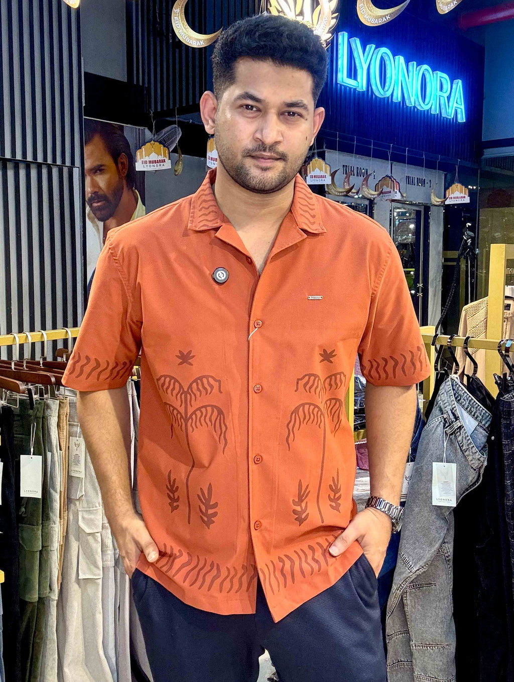 Burnt Orange Tree Printed Drop-Shoulder Half Shirt