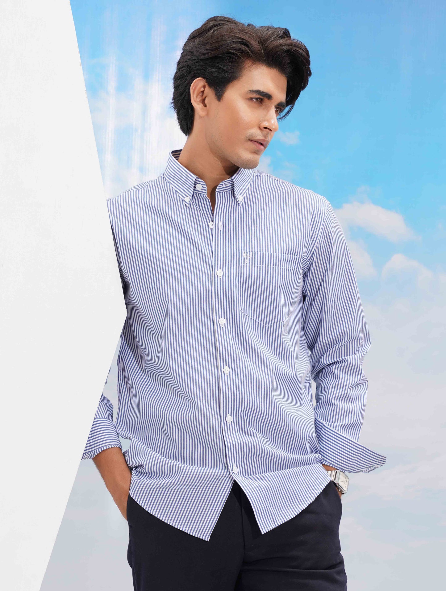 White blue Stripe collar button Formal shirt