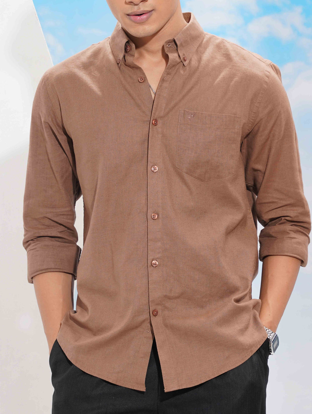 Mocha Brown Solid Remi Cotton Full sleeve Shirt