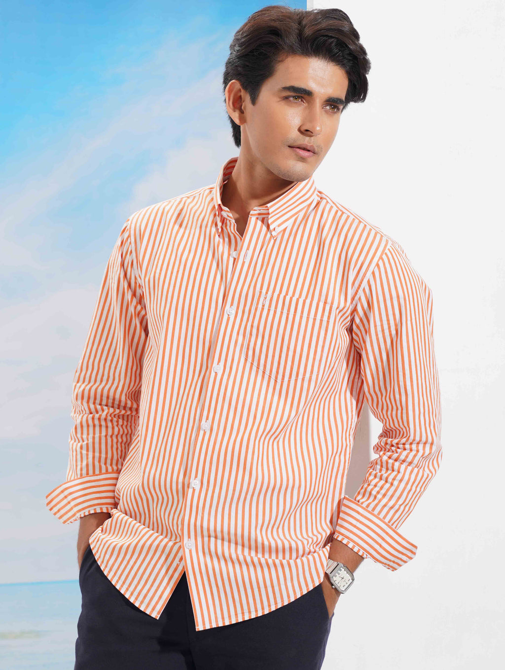 Orange white Stripe collar button Formal shirt