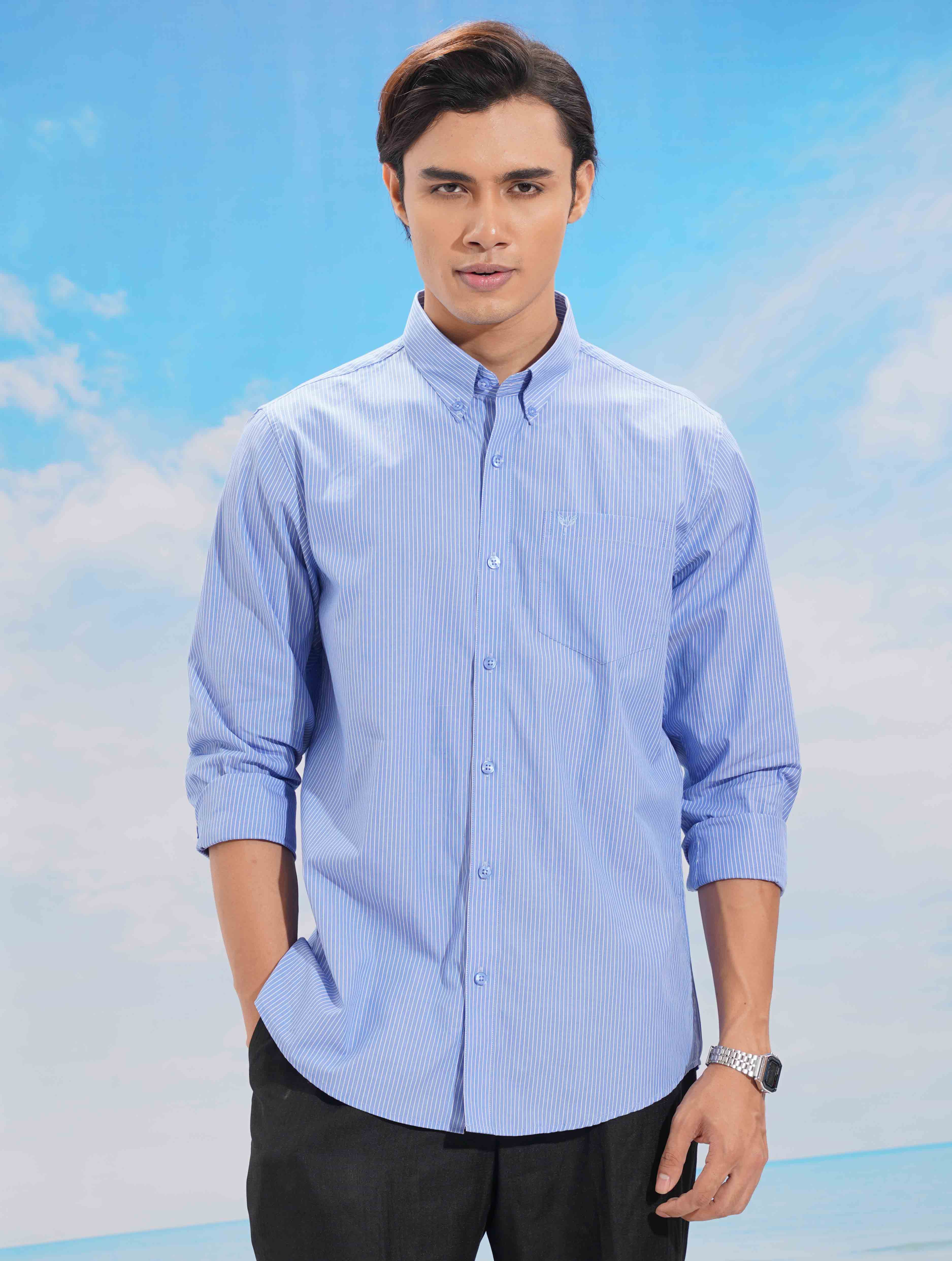 Sky blue Stripe collar button Formal shirt