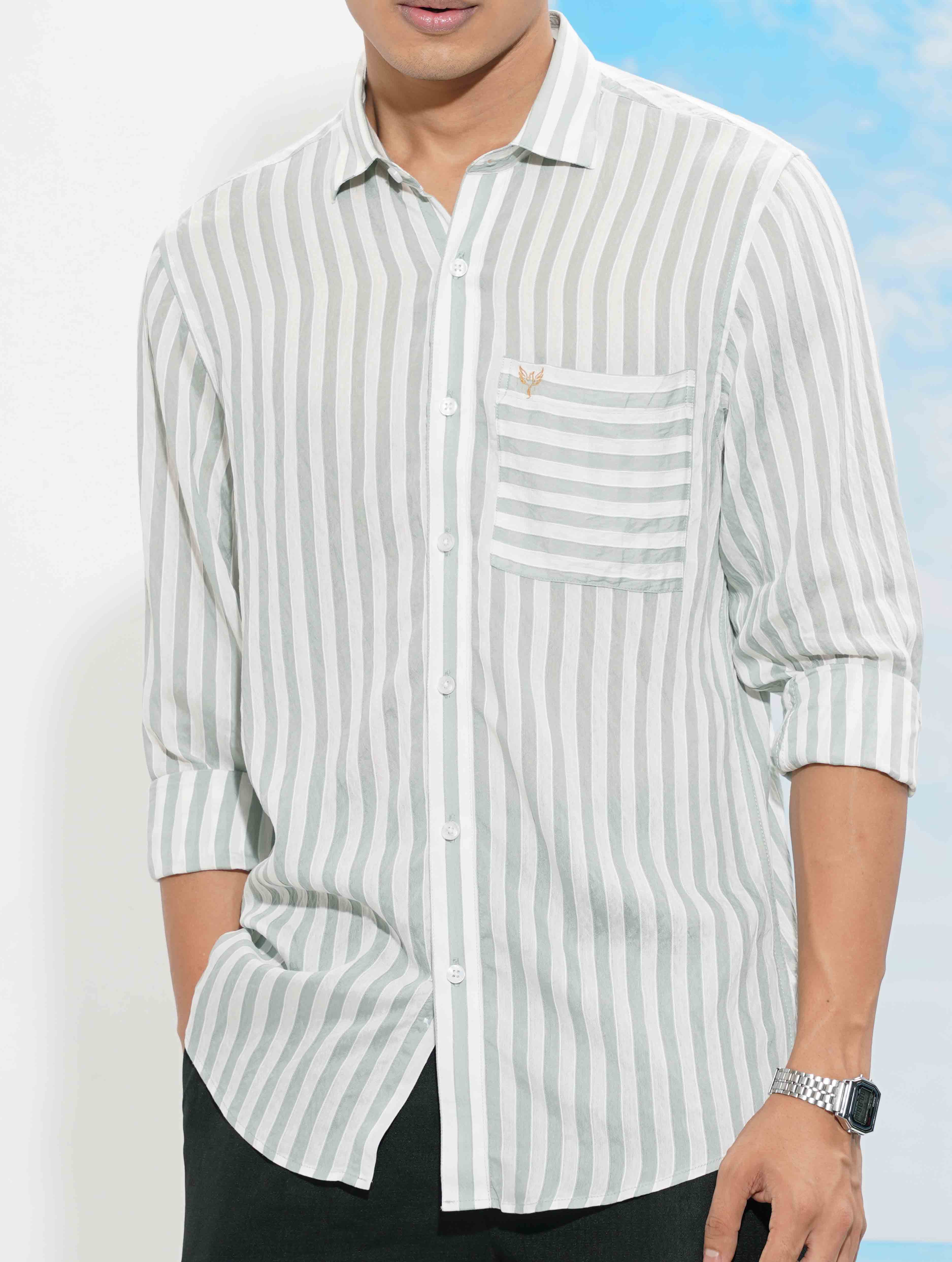 White faded Olive stripe Full sleeve shirt