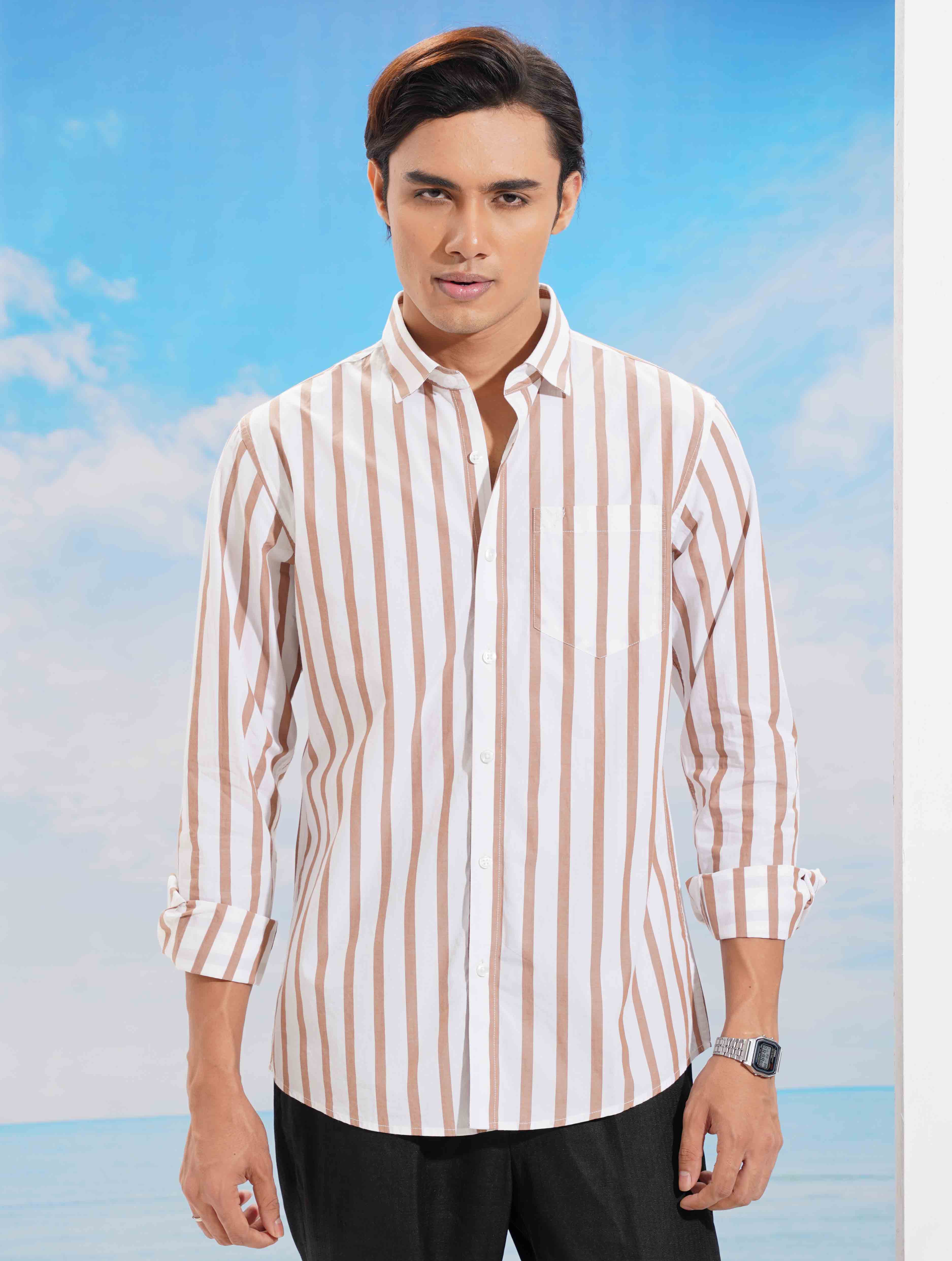 Cream-brown stripe formal full sleeve