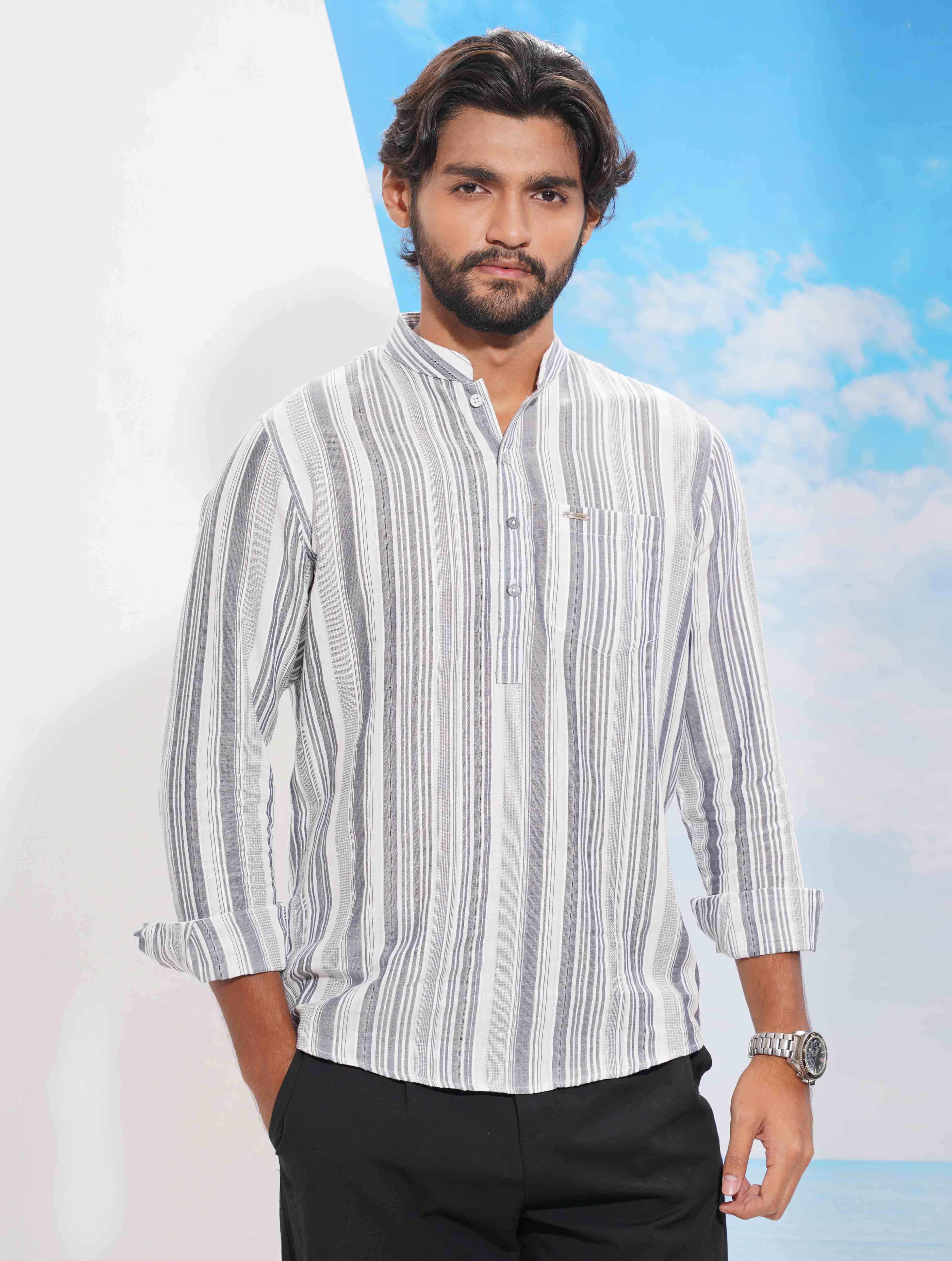 Grey White Stripe Cotton Kurta Style Shirt