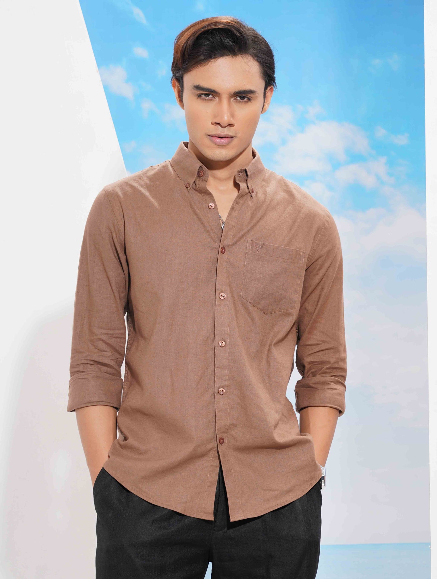 Mocha Brown Solid Remi Cotton Full sleeve Shirt