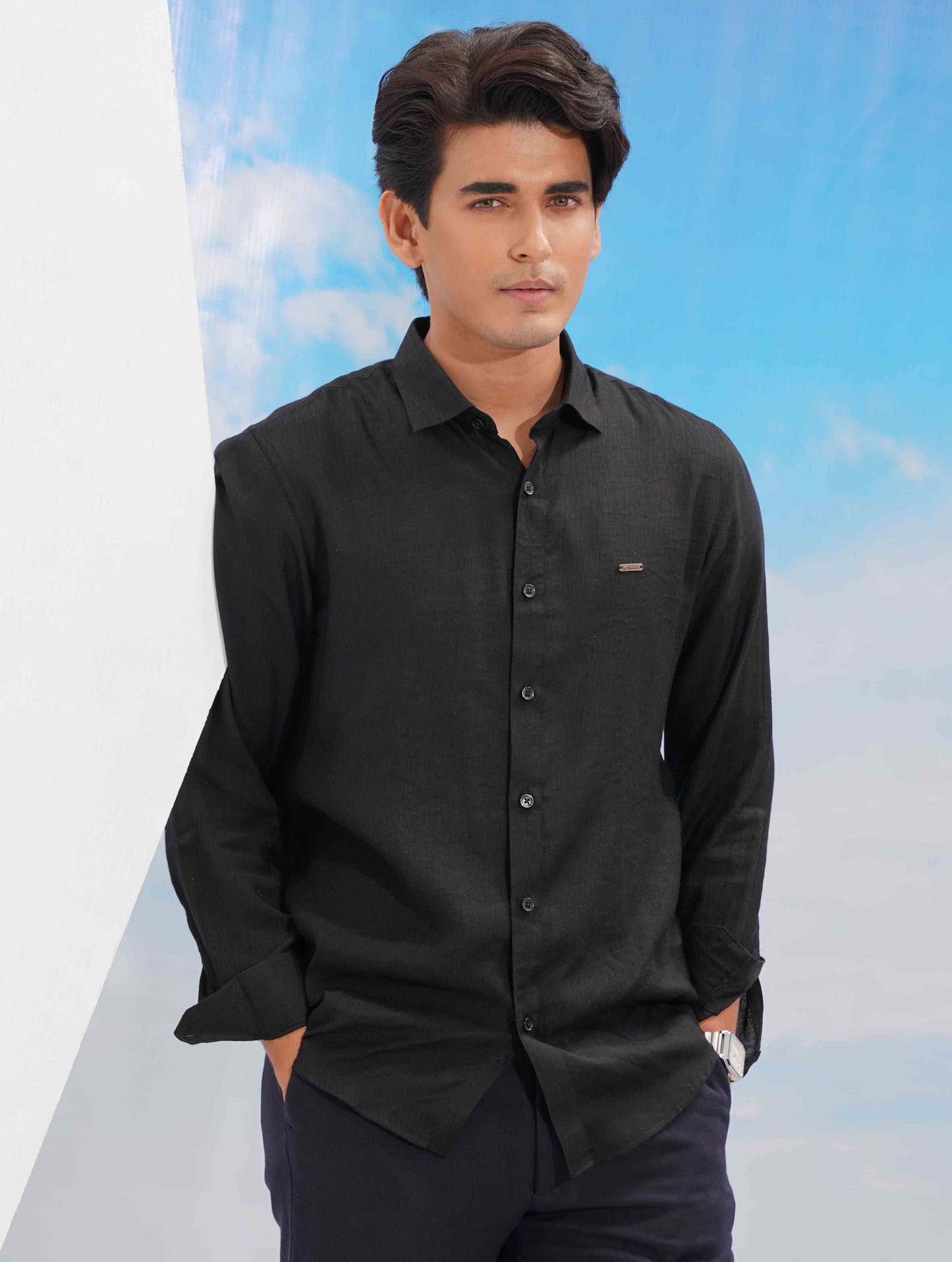 Black Solid Fancy Cotton Full Sleeve Shirt