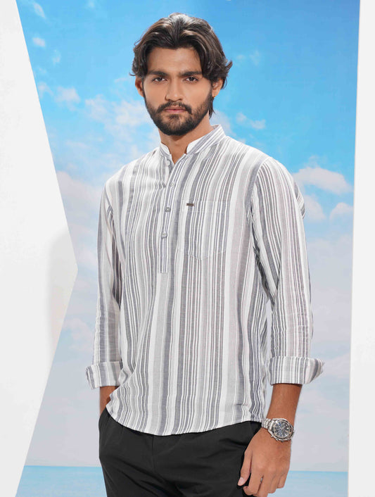 Grey White Stripe Cotton Kurta Style Shirt