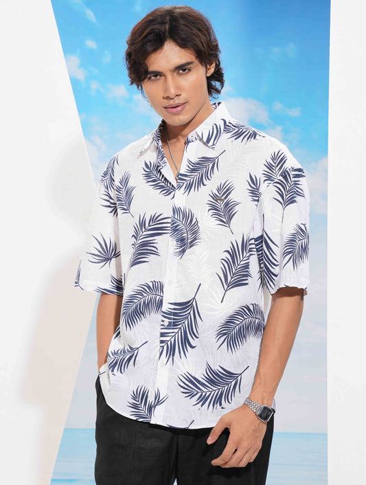 White Blue Leaf Printed Drop Shoulder Shirt