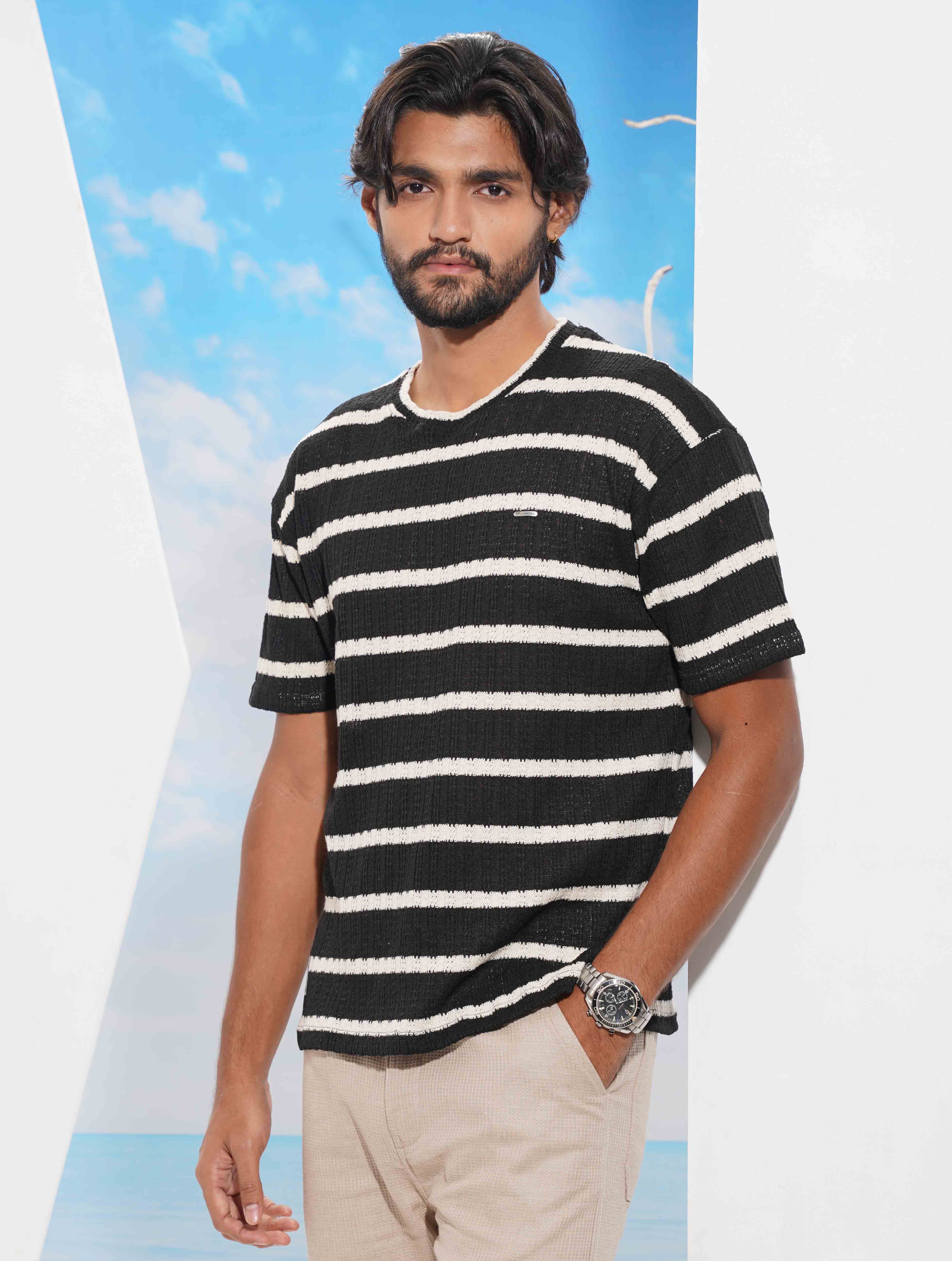 Black-cream Stripe Waffle Fabric Semi Drop T-shirt