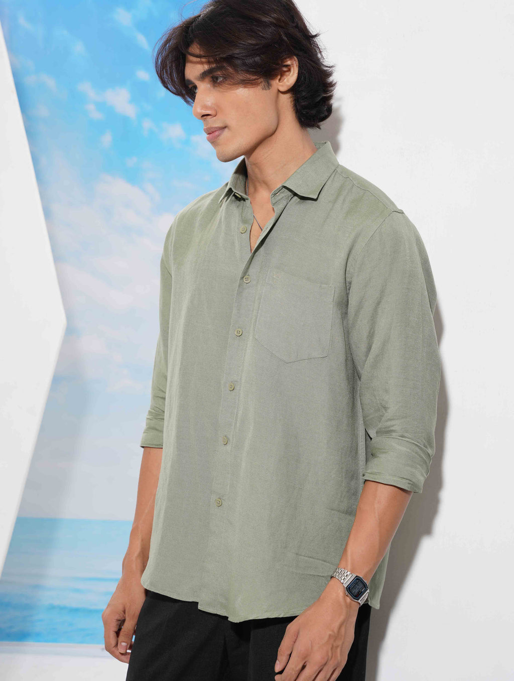 Light olive Solid Remi Cotton Full sleeve shirt