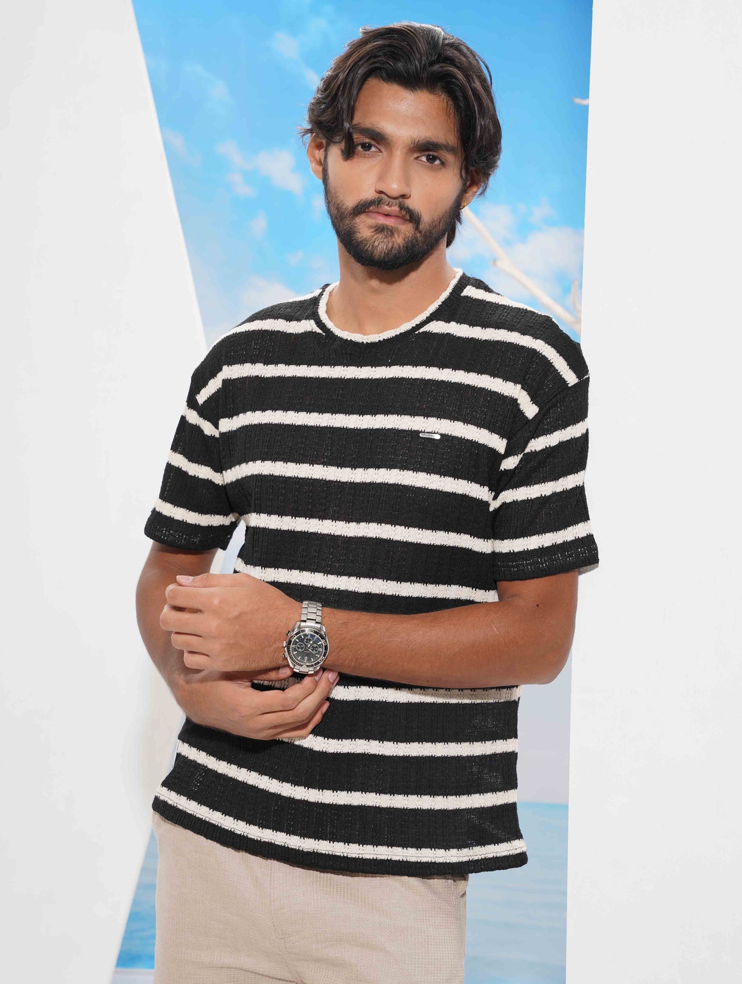 Black-cream Stripe Waffle Fabric Semi Drop T-shirt