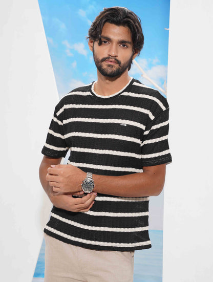 Black-cream Stripe Waffle Fabric Semi Drop T-shirt