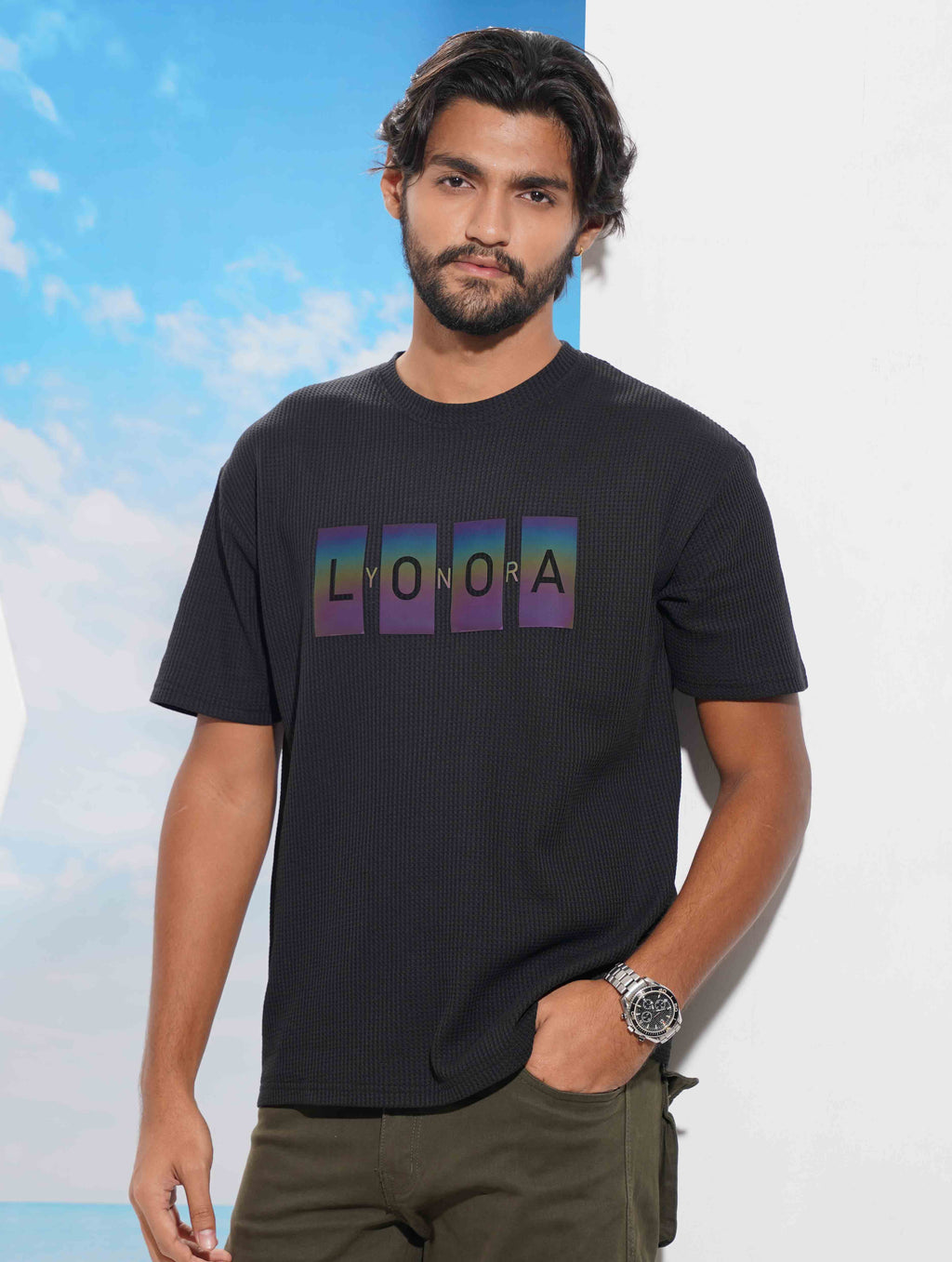 Black LYONORA Waffle Fabric Semi Drop T-shirt