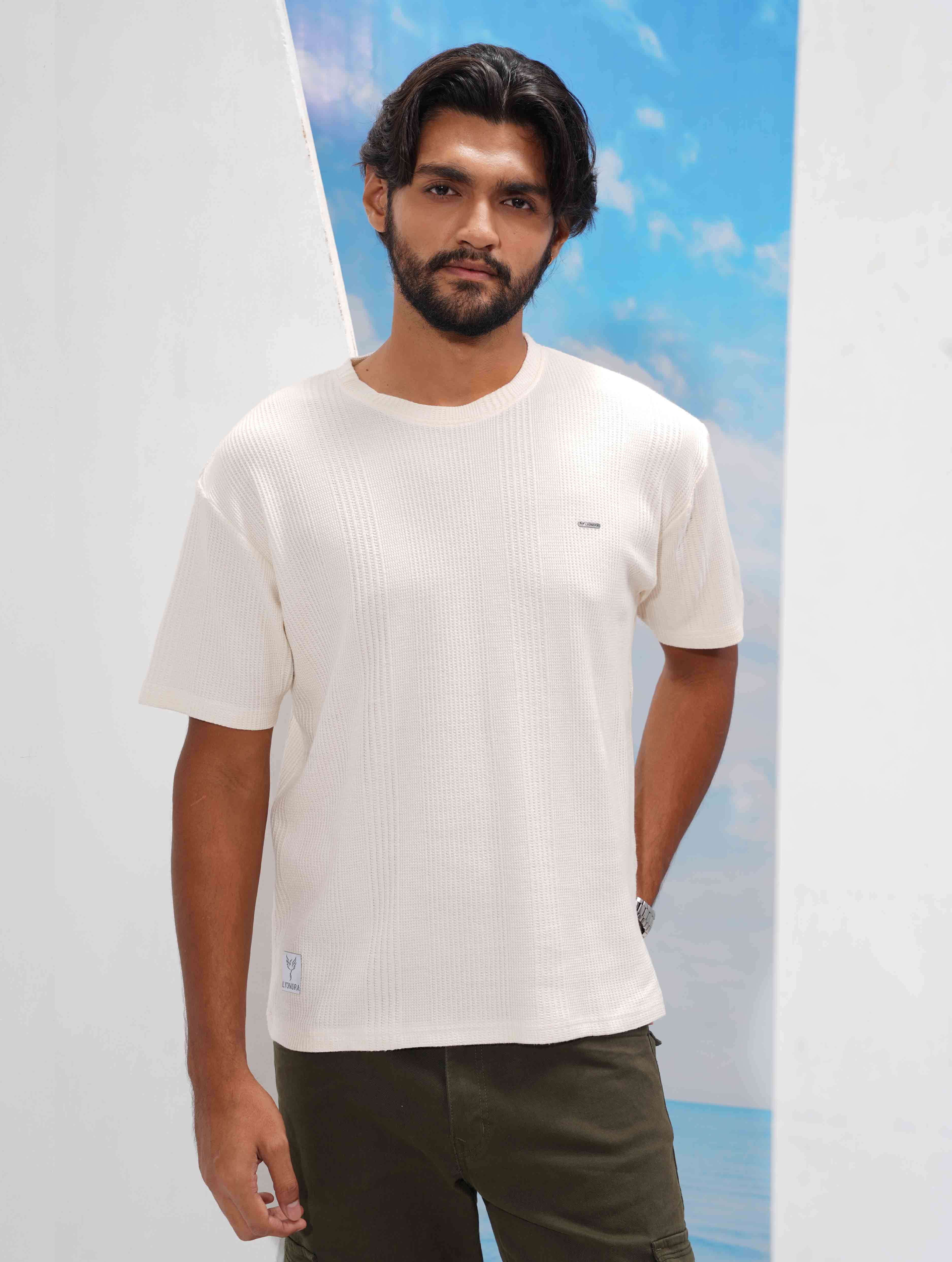 Cream Solid Texture Waffle Fabric Semi Drop T-shirt