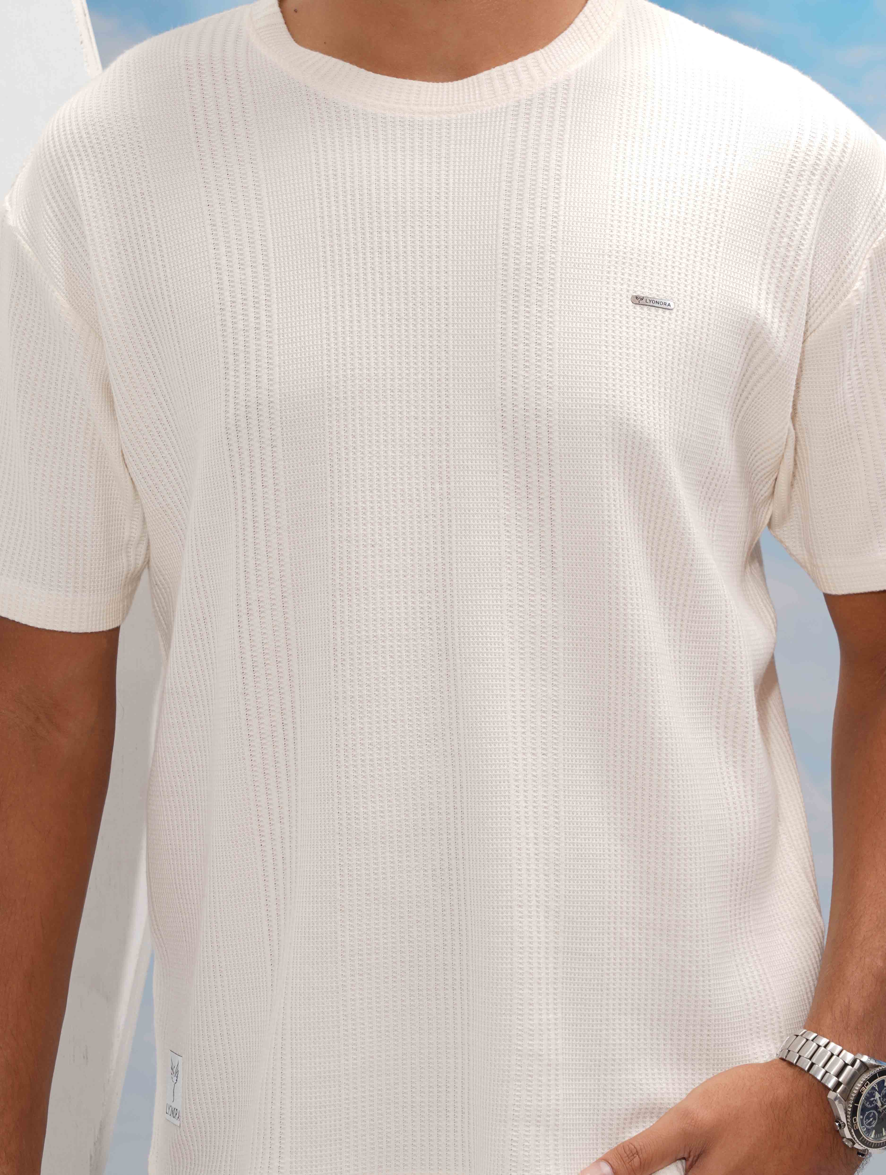 Cream Solid Texture Waffle Fabric Semi Drop T-shirt