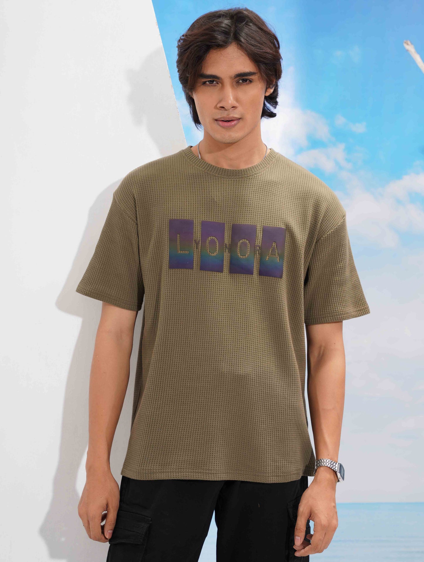 Deep Olive LYONORA Waffle Fabric Semi Drop T-shirt