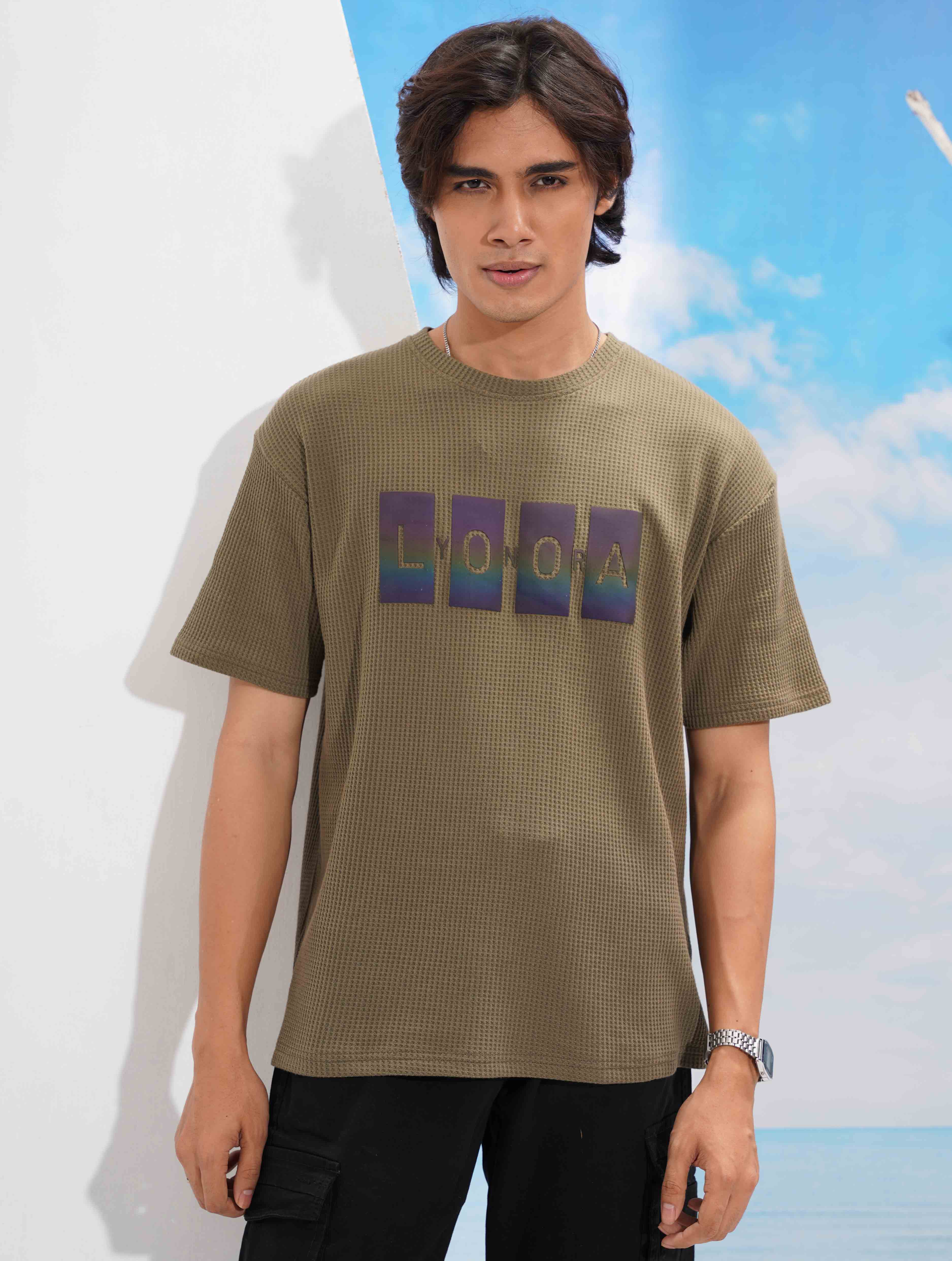 Deep Olive LYONORA Waffle Fabric Semi Drop T-shirt