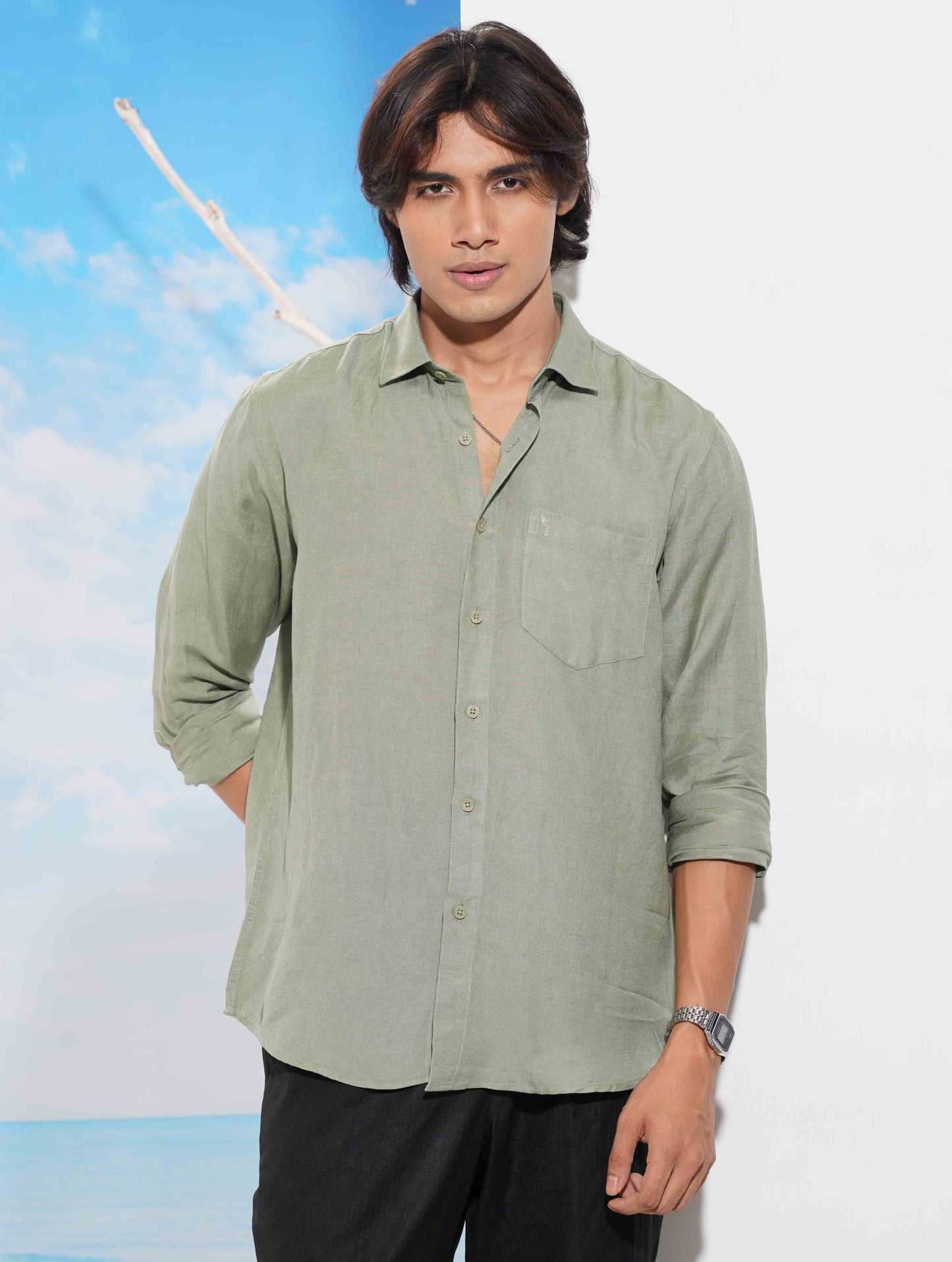 Light olive Solid Remi Cotton Full sleeve shirt