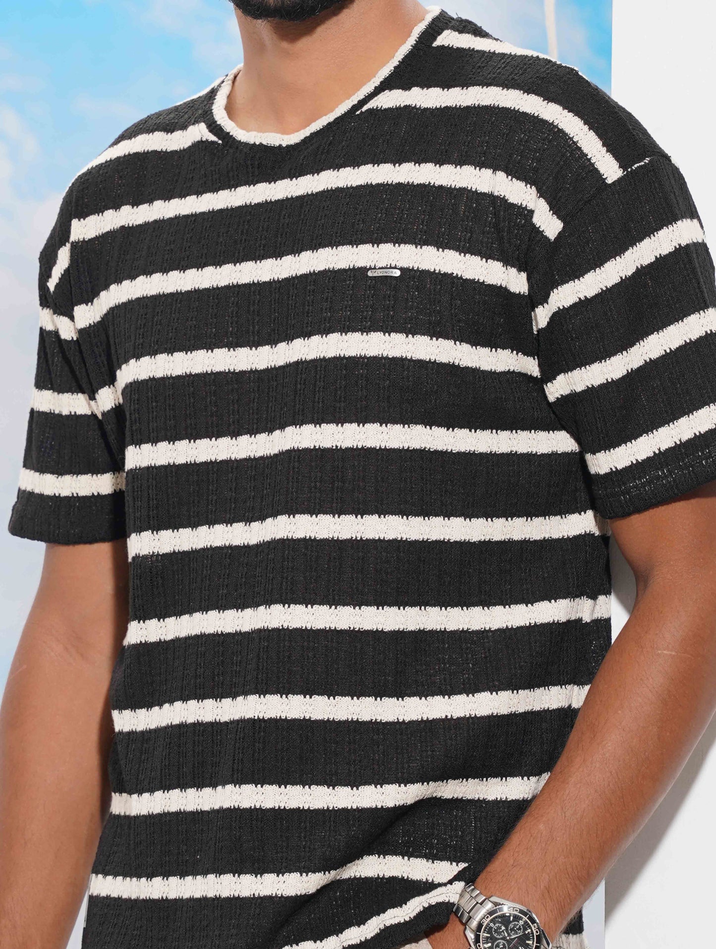 Black-cream Stripe Waffle Fabric Semi Drop T-shirt