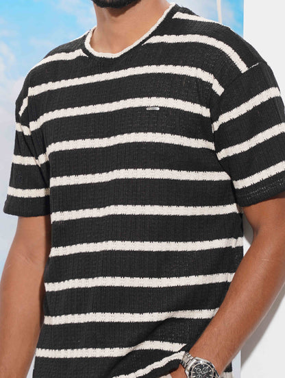 Black-cream Stripe Waffle Fabric Semi Drop T-shirt