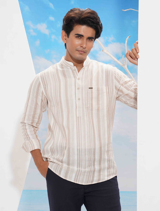 Cream White Stripe Cotton Kurta Style Shirt