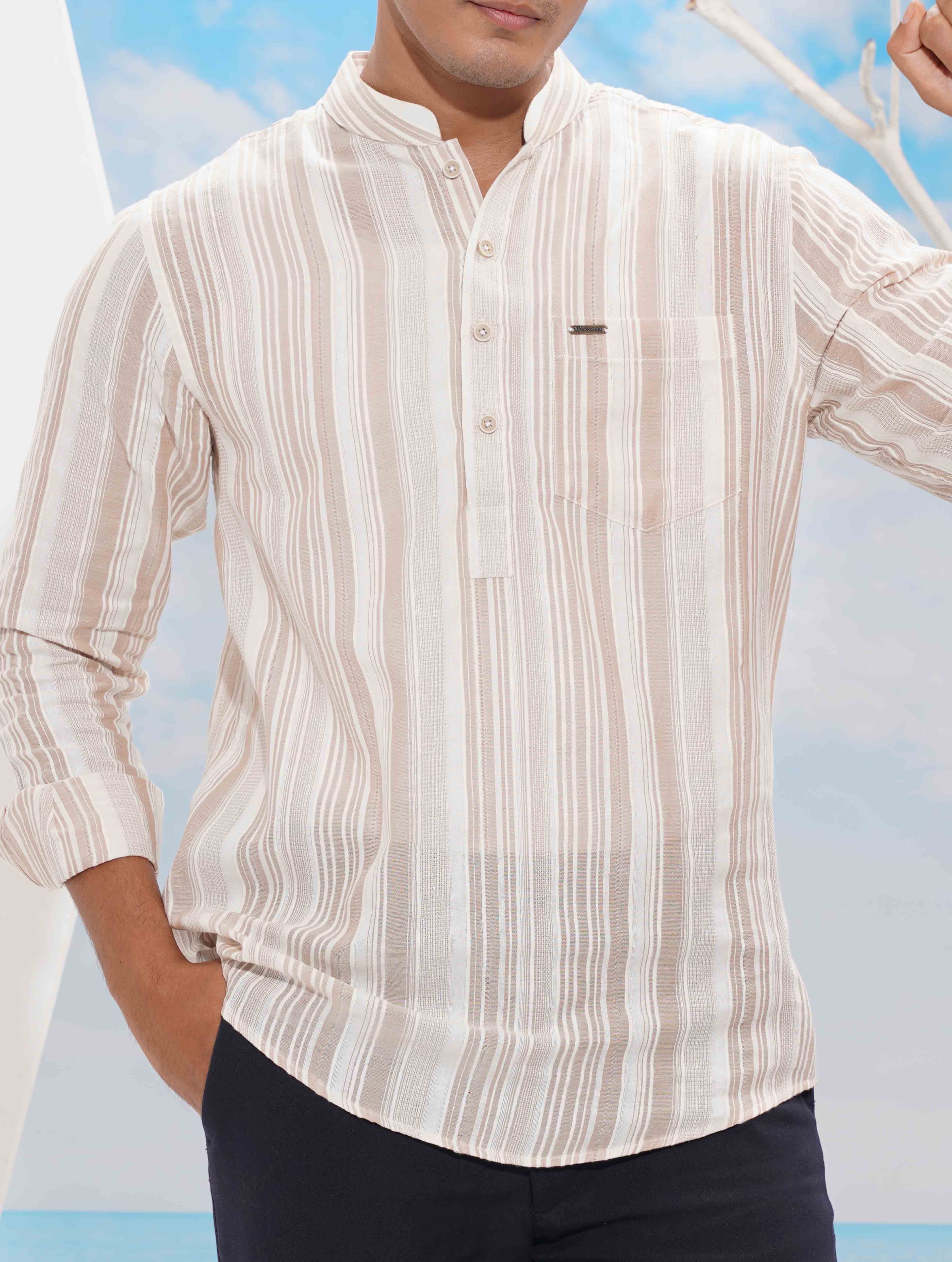 Cream White Stripe Cotton Kurta Style Shirt