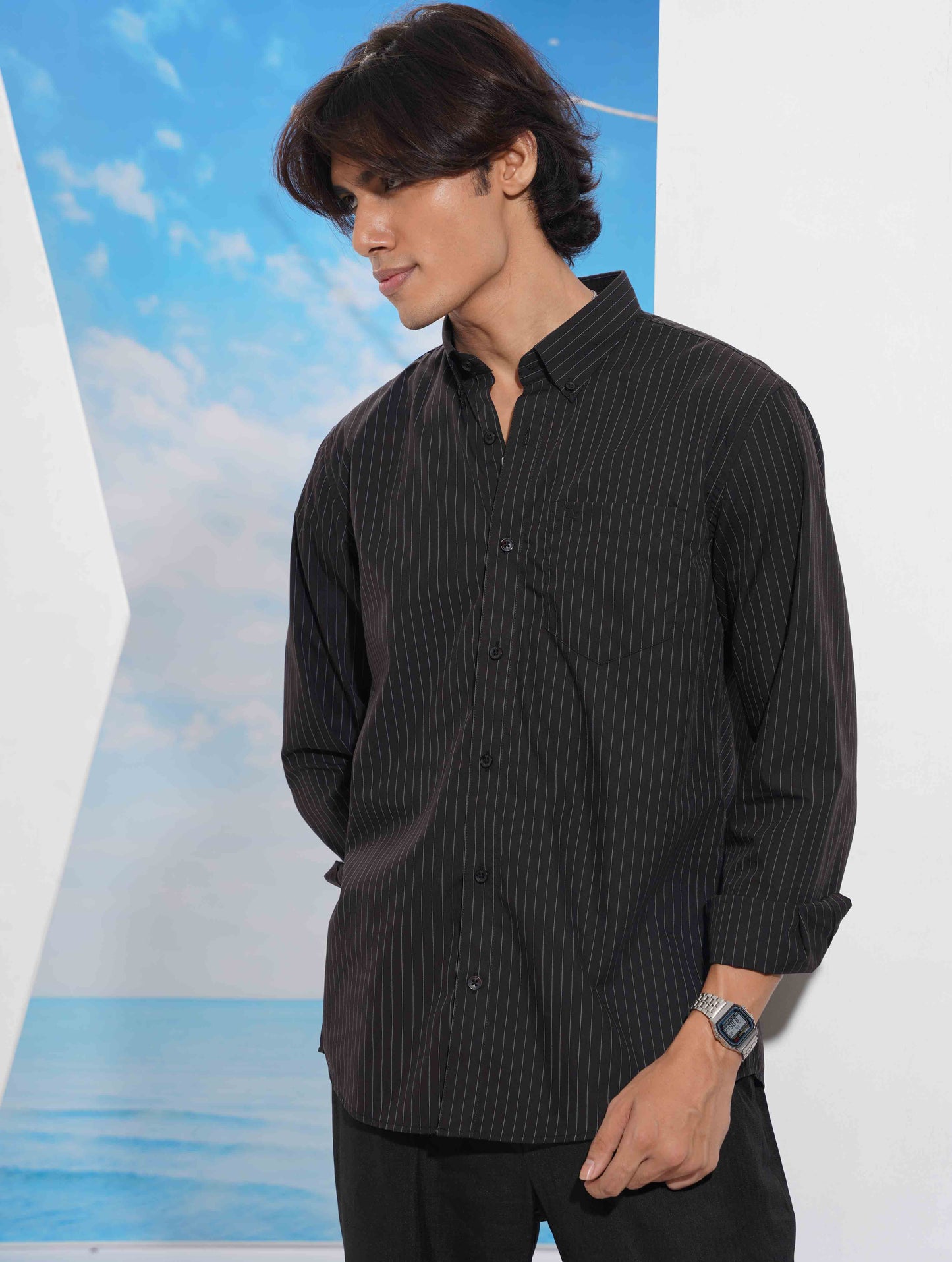Black thin Stripe collar button Formal shirt